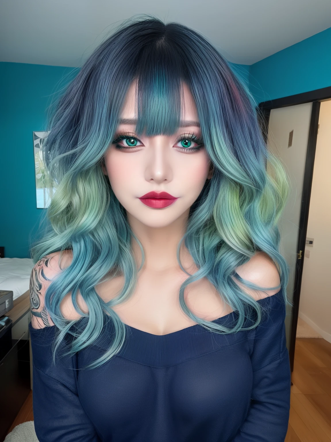 masterpiece, adult, green hair, blue themed room, woman with green to blue ombre hair, lipstick, tattoos, bangs, curly hair, eye shadow, smoky eyes, smokey eyes, sweatshirt, off the shoulder, very long hair