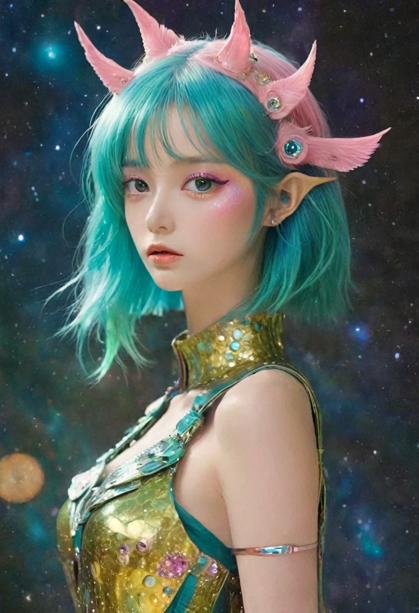 ((Surrounded by the Moon beams)) in side a Crater ((eyes open)) wearing an armour dress with galaxies on the surface ((holding a pink owl with green eyes. Yellow short beak. ((Is a girl with long teal mix blue hair and pink oyster diamond covered hairclips in her hair))(( full body)