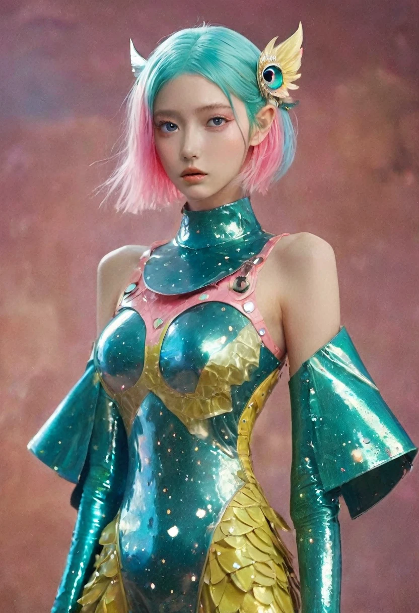 ((Surrounded by the Moon beams)) in side a Crater ((eyes open)) wearing an armour dress with galaxies on the surface ((holding a pink owl with green eyes. Yellow short beak. ((Is a girl with long teal mix blue hair and pink oyster diamond covered hairclips in her hair))(( full body)
