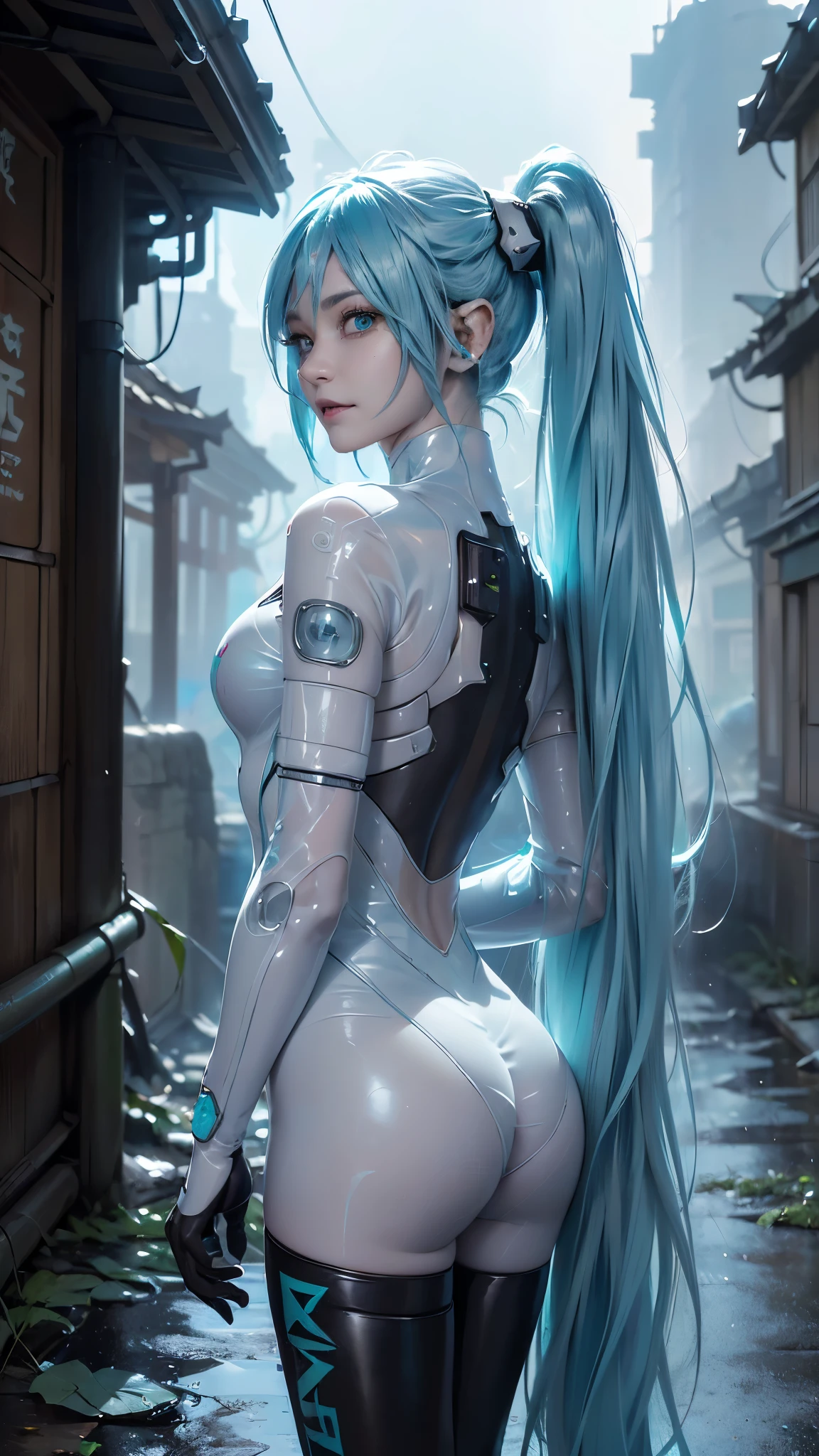 (La mejor calidad,A high resolution,Ultra - detallado,actual), Miku Hatsune dynamic pose , ,(Ruined alley Tokyo cyberpunk dungeon ruins background :1.4 ),(Fondo de ruinas de mazmorra en ruinas cyberpunk :1.4 ), piel brillante, una ligera sonrisa, Racing Miku,(BodySuit blanco cyborg plastico transparente :1.4) , guantes de dos tonos, botas altas de muslo,,(Fondo de ruinas de mazmorra en ruinas nublado lluvia :1.4 ),(Obra maestra: 1.4), (8k UHD , realista, foto cruda, La mejor calidad: 1.4),(Miku Hatsune:1.4), (Miku Hatsune V2.1),(dedos hermosos detailed :1.4) ,( dynamic pose), (perfect anatomy:1.4 ), (cara detallada :1.4), , (cosplay hatsune miku),( no mutaciones), (colores brillantes), (transparent white plastic cyborg mechanic :1.4) ,( ciberpunk 2.1),( Sin texto), (no mutaciones), (rear view, backside view),