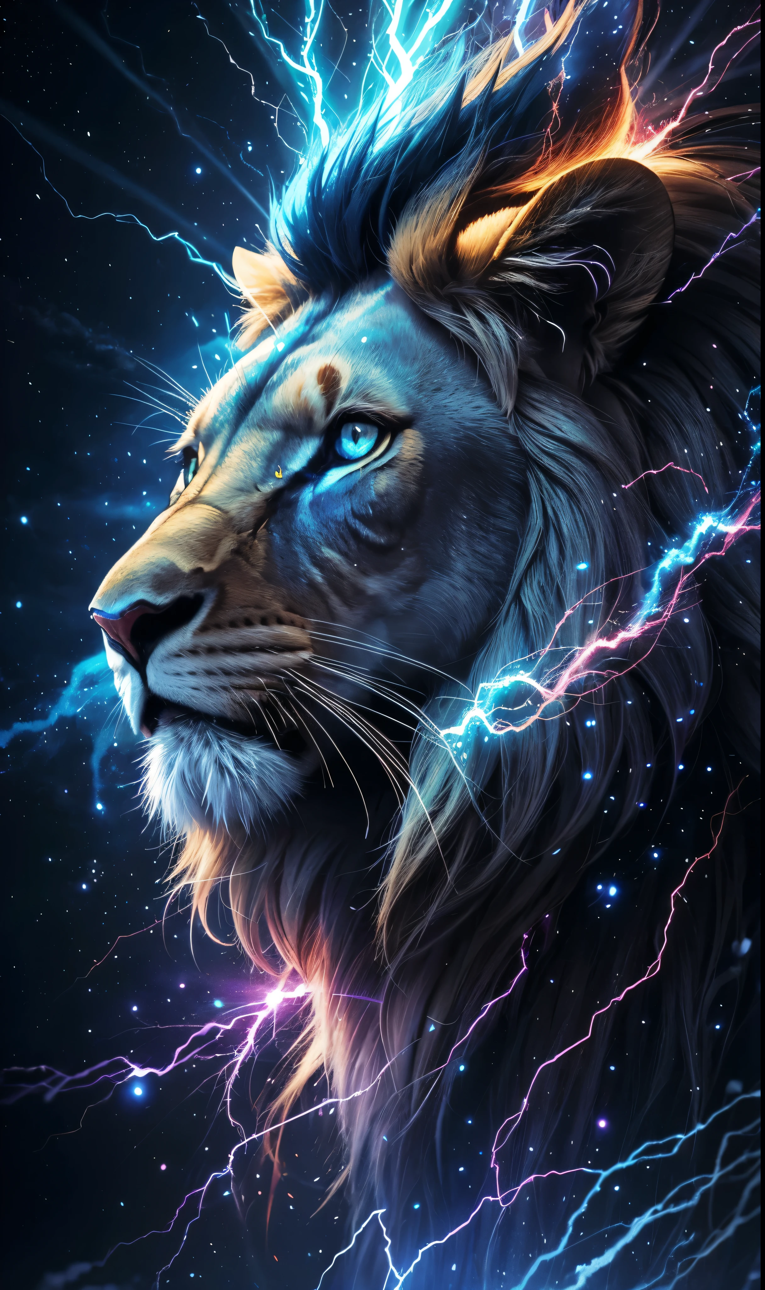 lion, Divine lion, naturais, Blue Bolts, Blue ThunderBolt, Blue Fire, Realistic Blue Fire, Realistic Thunders, Eletric Bolts, Realistic Detailed 8K, Detailed Realistic 16K, Detailed Realistic Lion, Detailed Realistic Thunders, Blue Fire Realistic 8K, Cores Fotorrealista 8K, Cores Detalhadas 8K, Nitidez Fotorrealista 8K, Fotorrealismo ULTRAHD, Divine Blue Fire, Divine Eletric Blue Thunders, Sombras Fotorrealistas 8K, Textura Fotorrealista, Natureza, heavens, celestial, sky night, beauty sky, Noite, majestoso, majestoso Lion, majestoso Sky, Naturalmente Elegante, thunders, Sky thunders, Divine thunder, Linda, Golden, Stars Light, Sky Bolts, Blue Eletricity, Blue Bolts, Rendering, Fotorrealista, UltraHigh definition, 4K, texturasdetalhadas, thunder, sombras detalhadas, cores detalhadas, Natureza Linda, Grande Divino, contraste detalhado, Contraste realista, high resolution, cores detalhadas, fogo, eletricidade, divina criatura, 8k, Realista detalhado, 16K, 8k, High definition, contraste detalhado, Contraste realista, high resolution, cores detalhadas, fogo, eletricidade, divina criatura, 8k, Realista detalhado, elegante,