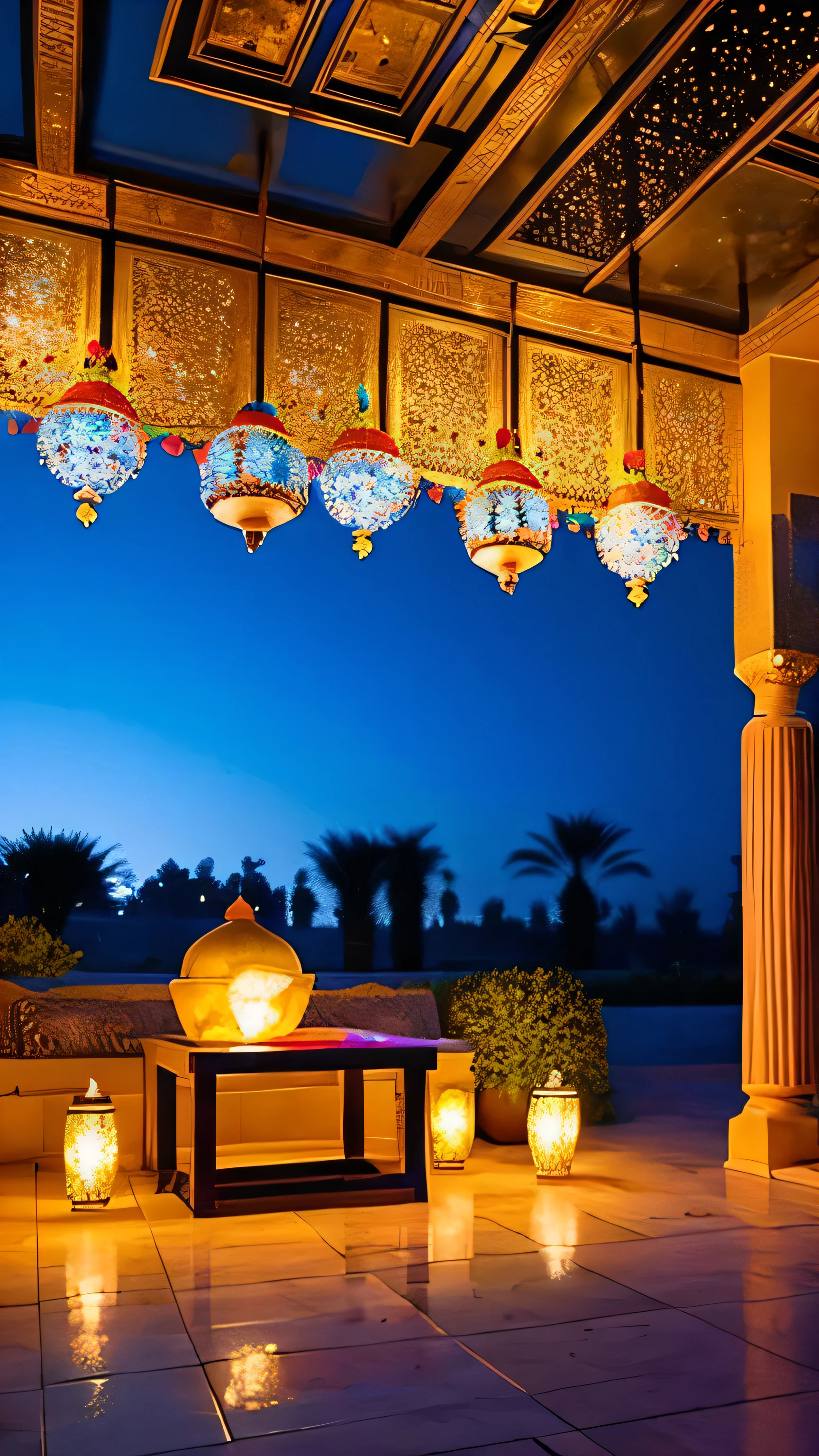 Middle Eastern temple garden, lavish decoration, glittering, primary colors, showy