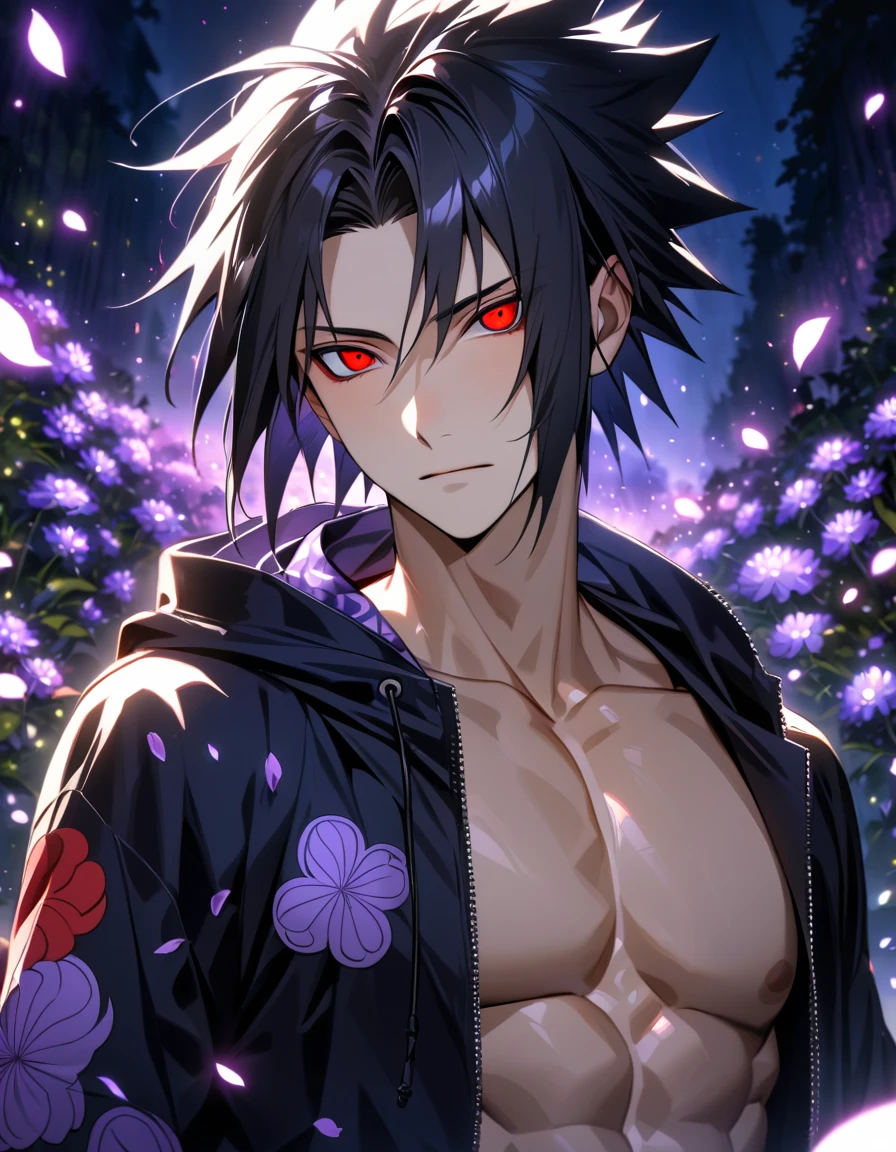 Ultra detailed, Highres, absurdres, HDR, Uchiha Sasuke, black hair, expressive red eyes, Naruto Shippuden, black clothes with patterns with a hoodie, sexy man, solo, purple flowers, shining fireflies, handsome, petals, shining purple lights, shining purple moon, toned chest, extremely detailed eyes and face, master piece,