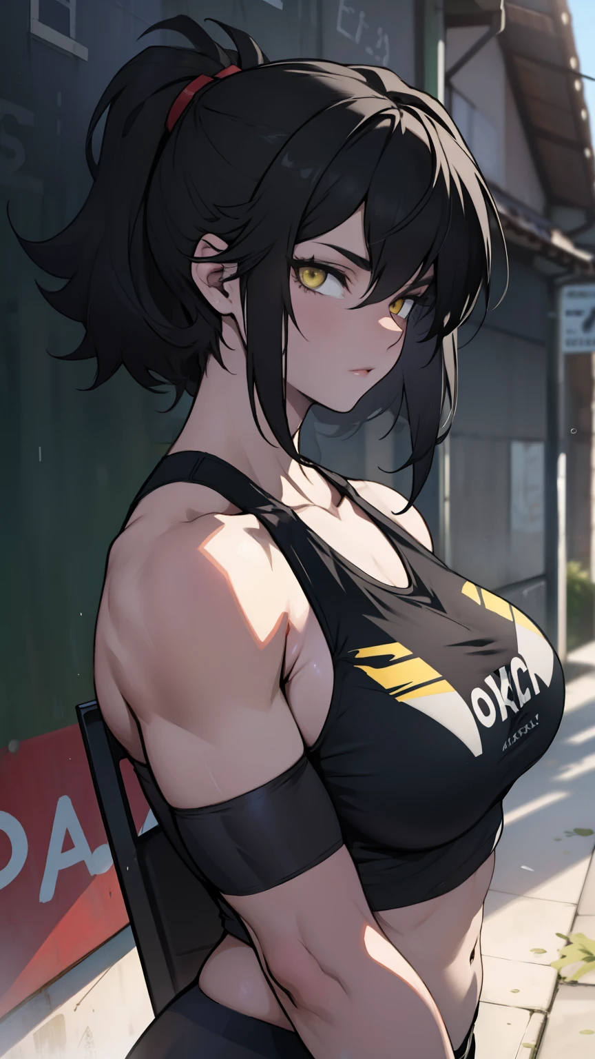 athletic build massive breasts pale skin black hair yellow eyes girl