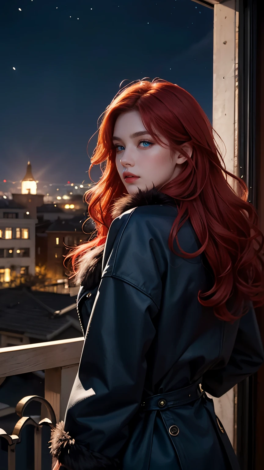 Realistic,  Depth of written boundary,  Cinema Lighting,  (Detailed costume),  Perfect Eyes,  Lots of details,  lips,  Line art,  Particles of light,  ((Red Hair)),  ((blue eyes)),  Fur coat,  balcony,  Night Sky,  moonlight,  Long Hair,  it&#39;s snowing,  White Theme,  (Leopard print)