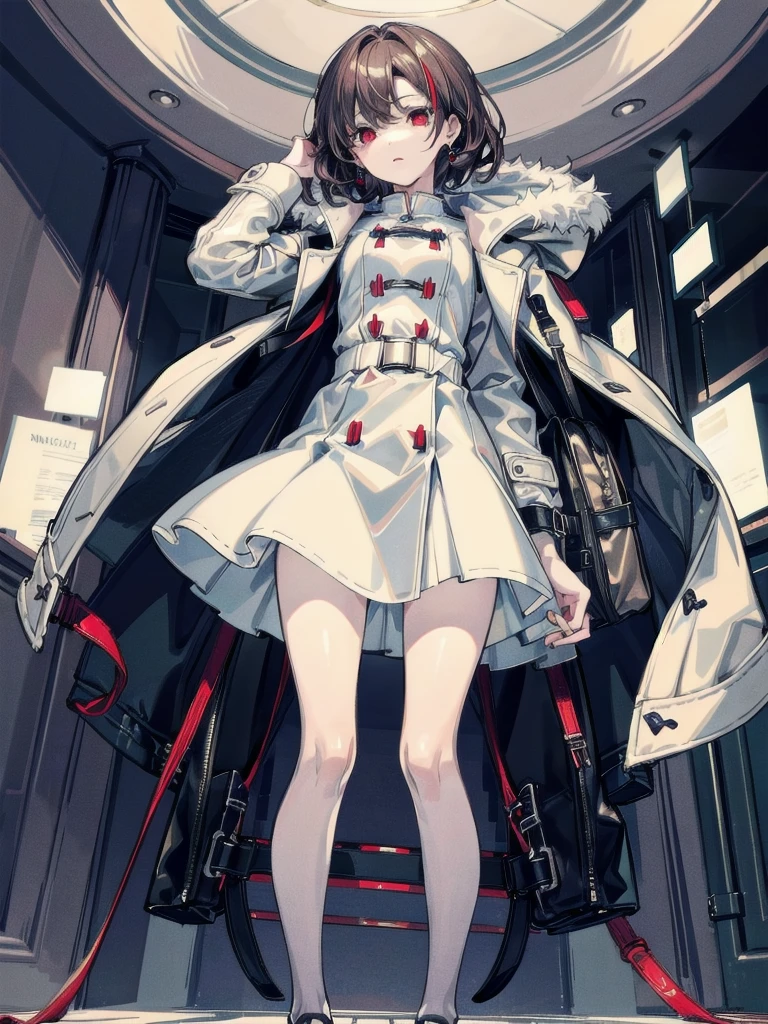 casual dress, duffle coat, absurdres, RAW photo, extremely delicate and beautiful, masterpiece, Best Quality, ultra high resolution, 32k, hyperrealistic, ultra-detailed, detailed description, pale skin, 20 years old, tearful mole, earring, short medium hair, wavy hair, whole body shot, legs, Red eyes,