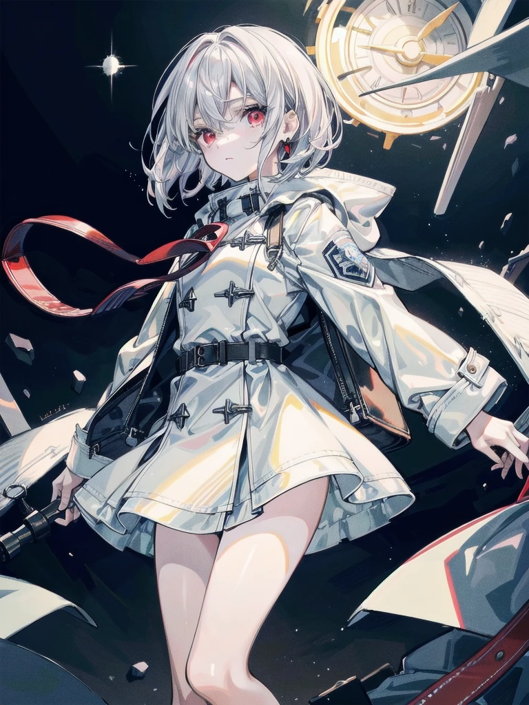casual dress, duffle coat, absurdres, RAW photo, extremely delicate and beautiful, masterpiece, Best Quality, ultra high resolution, 32k, hyperrealistic, ultra-detailed, detailed description, pale skin, 20 years old, tearful mole, earring, short medium hair, wavy hair, whole body shot, legs, Red eyes,