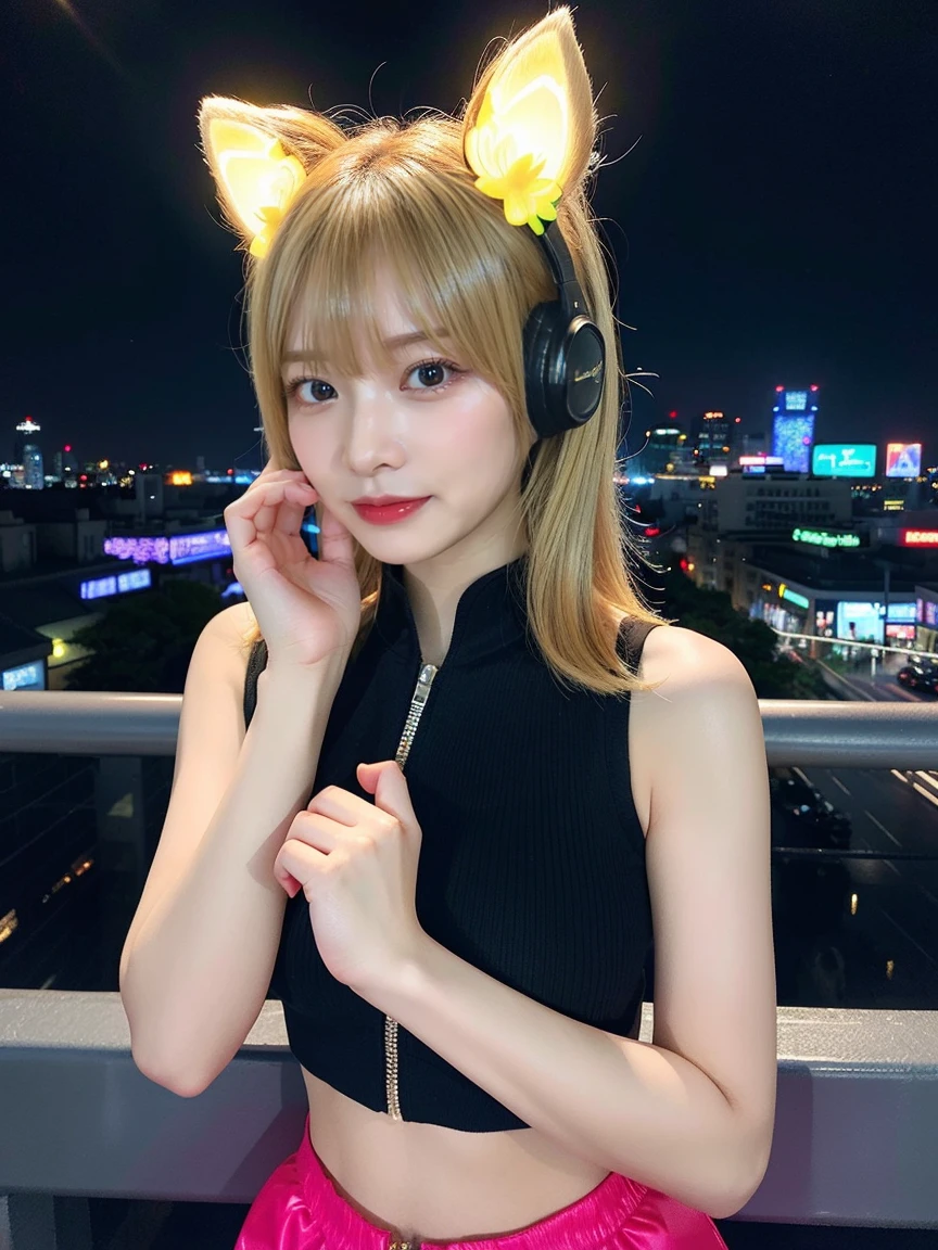 最high quality, masterpiece, 32k、Very detailed、Realistic、1 girl, Japanese women、Cute Face, (photo Actual:1.3),Bob Hair(Golden hair color、Blonde Hairstyles)、Edge lighting, (Skin with attention to detail:1.2), 8k超High resolution, Single-lens reflex camera, high quality, High resolution, 4K, 8k, Optimal ratio of four fingers to one thumb, (Actual:1.3), cute 1 girl, Realistic、Super Realistic、32k、Very detailed、masterpiece, 最high quality, beautiful girl, beauty、Mecha, Beautiful lighting, (Neon Light:1.2), (night:1.5), kpop idol costumes、Sleeveless outfit、Shorts、Large Breasts(Big 、With a valley)Cat ear headphones、Are standing、Cyber Neon、Future City、Skyscraper、City night、Shanghai、Big cities、night scene、Beautiful night scene
