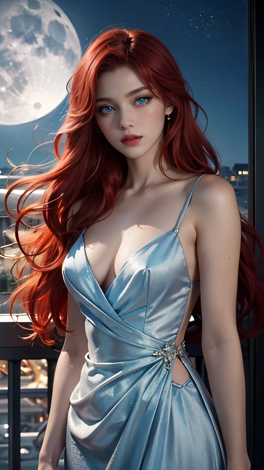 Realistic,  Depth of written boundary,  Cinema Lighting,  (Detailed costume),  Perfect Eyes,  Lots of details,  lips,  Line art,  Particles of light,  ((Red Hair)),  ((blue eyes)),  Princess Line Dresses,  balcony,  Night Sky,  moonlight,  Long Hair,  it&#39;s snowing,  White Theme,  (Fur coat:1.5)，Leopard print