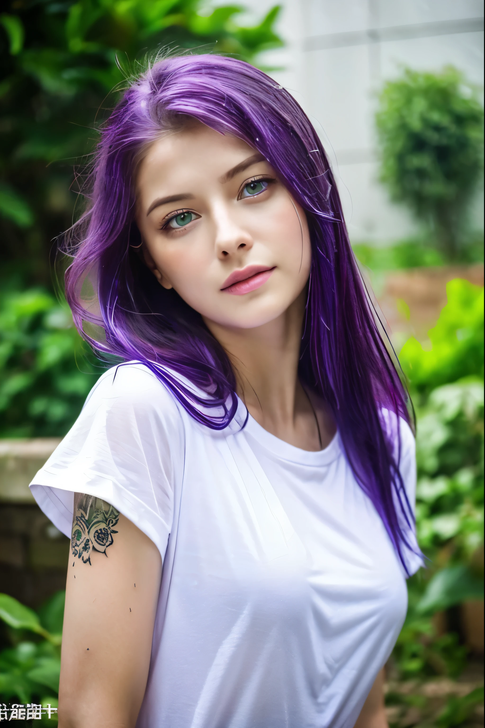 Accurate as a photo、heavy rain、heavy rain、Soaking wet、Soaking wet、french beauty、Safety、Tattoo、Purple Hair、Green Eyes、White T-shirt、thunderstorm、Lightning strikes、garden