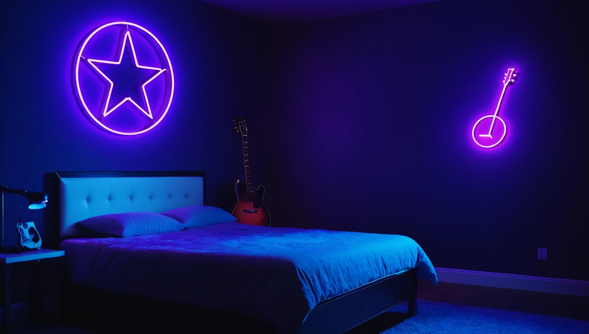 Cinematic still of a bedroom with a bed and neon lit walls. Ultraviolet lighting style,star (symbol),No humans,musical instrument,guitar, Shallow depth of field, Vignette, Very detailed, High budget, Bokeh, CinemaScope, Sulky, amazing, nice, Film Grain, granular