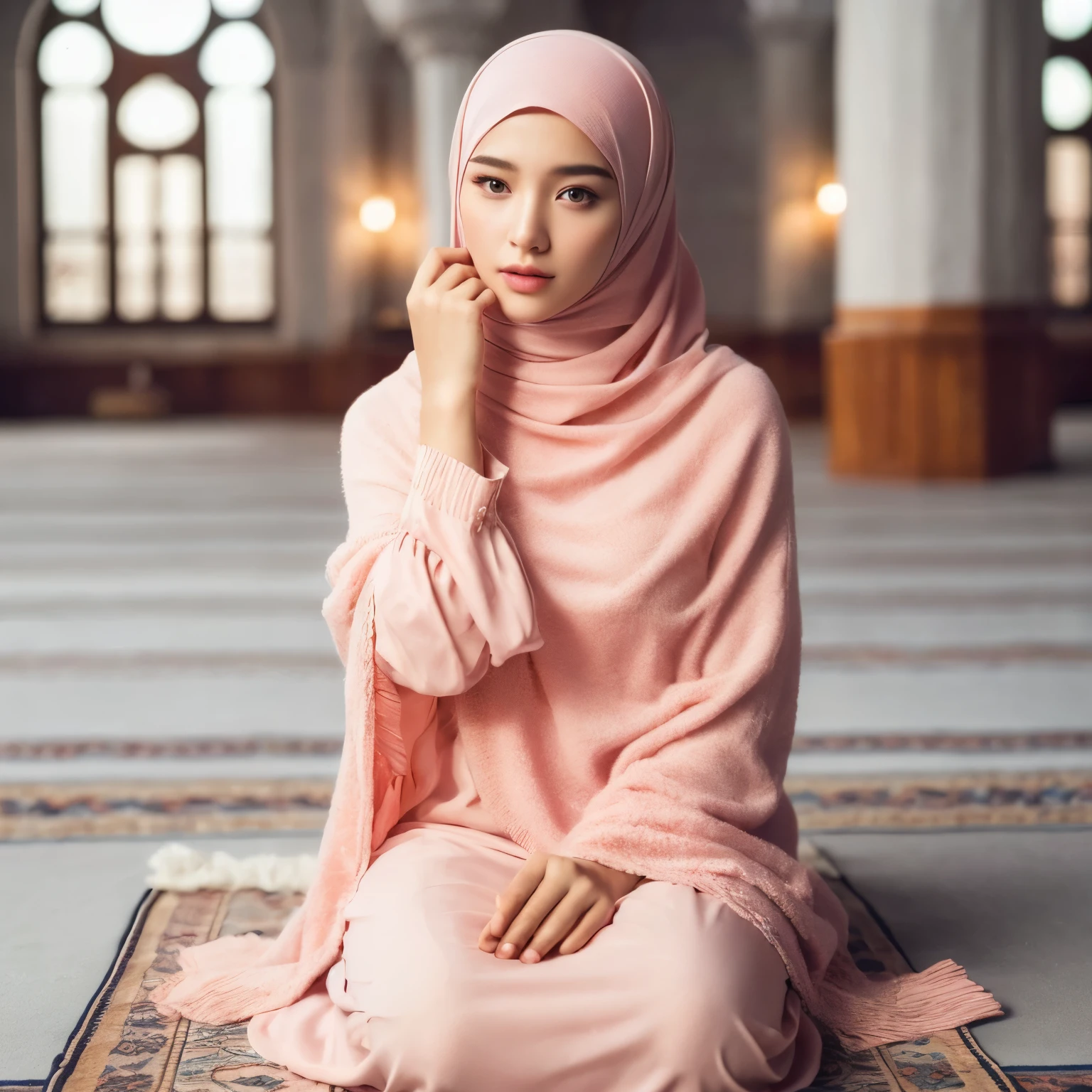 ((Best quality, 8k, Masterpiece :1.3)), a young woman, wearing a pink mukenah, sitting on a prayer mat, background in a mosque, Asian woman, realistic, ultra HD, Highly detailed face and skin texture, Detailed eyes, Double eyelid