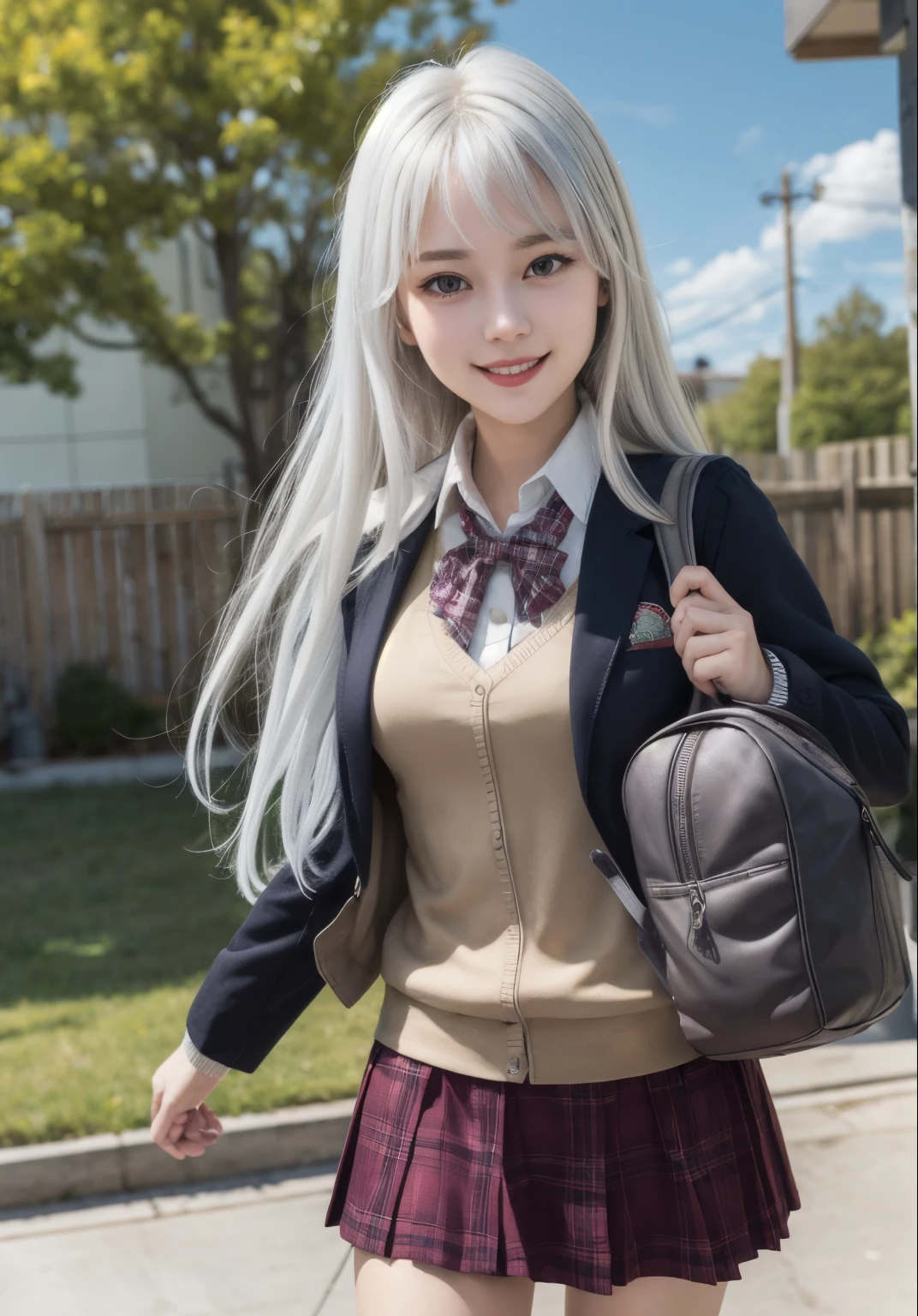 (masterpiece, best quality:1.0), highly detailed,  detail, realistic, 1girl , highschool student,elaina, white hair, long hair, braided hair, ahoge, purple eyes, UNiform, red bowtie, collared shirt, sweater vest, blazer, black blazer, opened jacket, long sleeves, plaid skirt, brown skirt, outdoor,  smile,  standing, cowboy shot, carries school backpack, (school backpack:1.1)