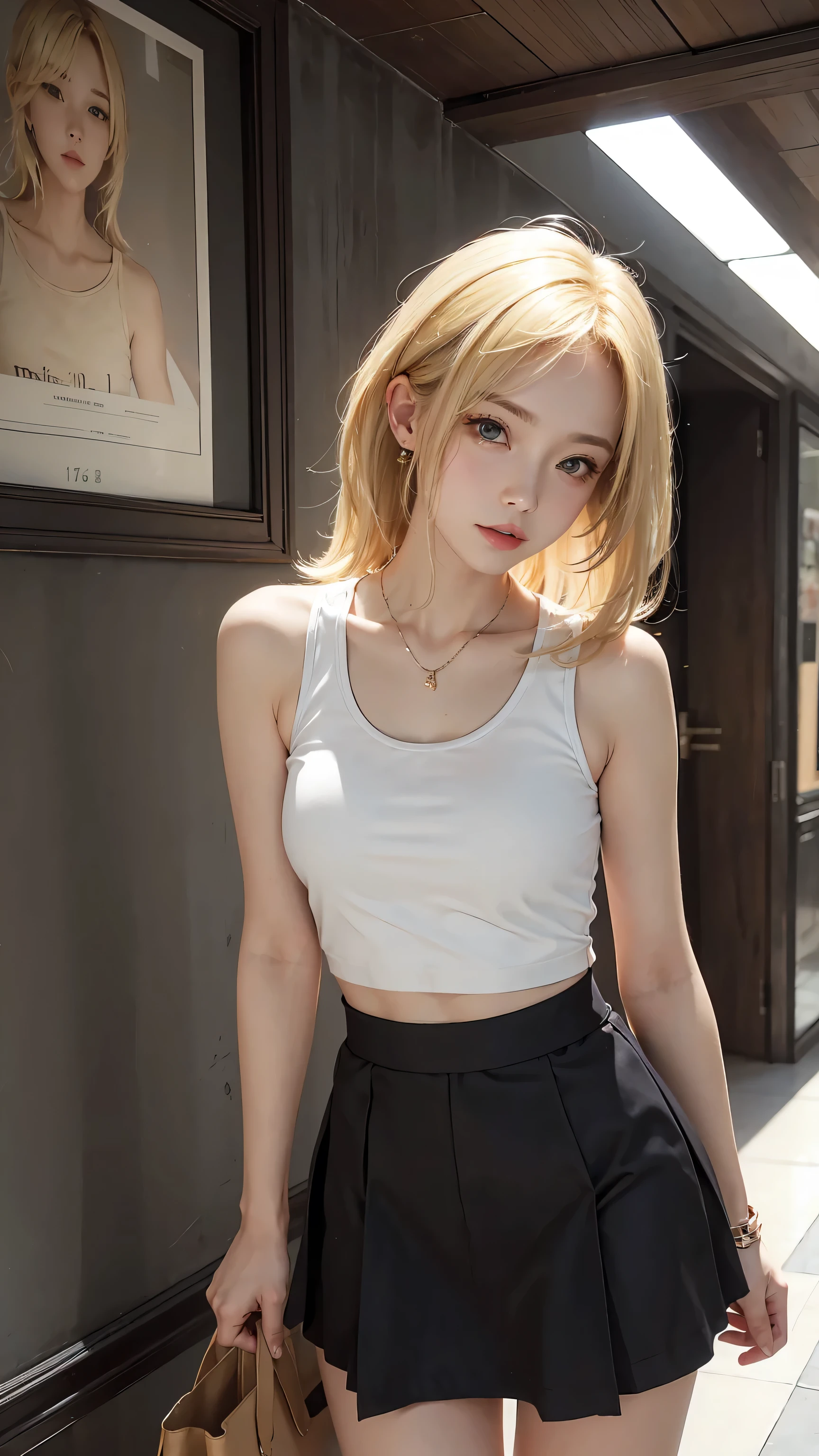 Masterpiece, best quality, super fine, 16k, medium hair, blonde color hair, A tank top and short skirt,