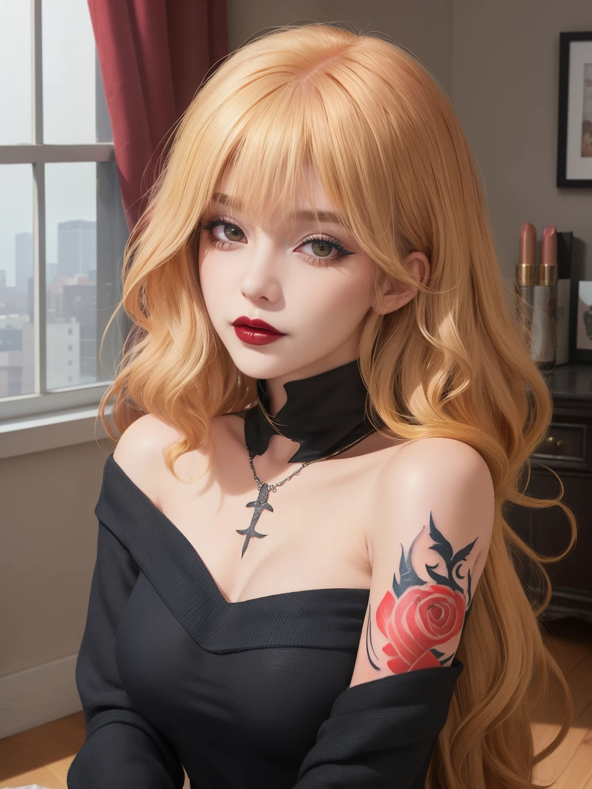 masterpiece, adult, gothic themed room, woman with blonde to red ombre hair, goth, lipstick, tattoos, bangs, curly hair, eye shadow, smoky eyes, smokey eyes, sweatshirt, off the shoulder, very long hair