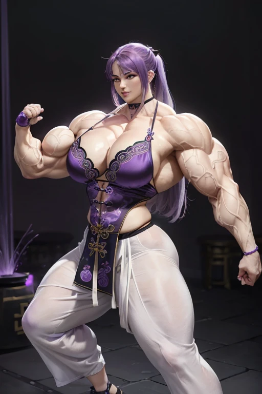 ((((Massive tall, beautiful, buff, pale white skinned muscular woman with violet purple hair, ginormous muscles, wearing a beautiful silk black Tai Chi–fu and pants adorned with intricate earthly designs)))), (close view), massive muscles, massive biceps, hyper muscle shoulders, massive muscle arms, vascular shoulders, hyper muscle triceps, (long hair with long bangs),black eyes, choker, kung fu shoes, (in a land surrounded by violet electricity), confident smile, night, hyper muscles arms, hyper muscle legs, massive arms