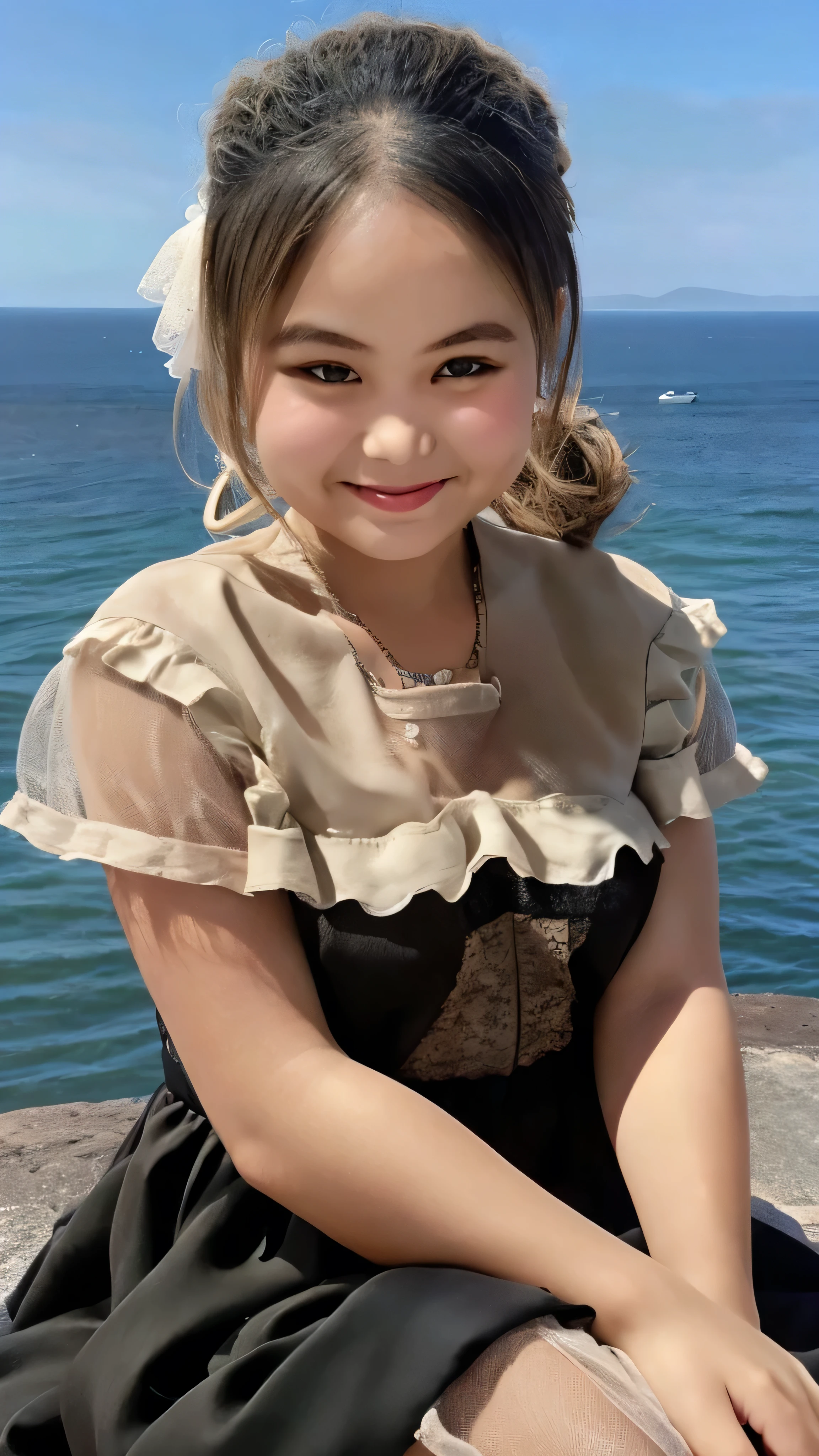 1 girl, alone, looking at the viewer, dark blonde long hair, hair is tied up, ((maid dress, sheer dress)), brown eyes, Coastal rocky background, small breast , smile, sitting, realistic, masterpiece, 最high quality, high quality, High resolution,