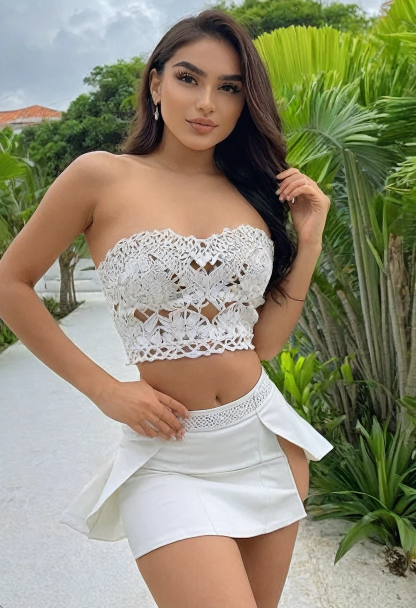(best high quality:1.5), obra de arte, ((8k)), extremely detailed, (High details:1.4), (Hotlexi woman), Solo, 24 year old Brazilian female, (micro-skirt and crop top strapless),
