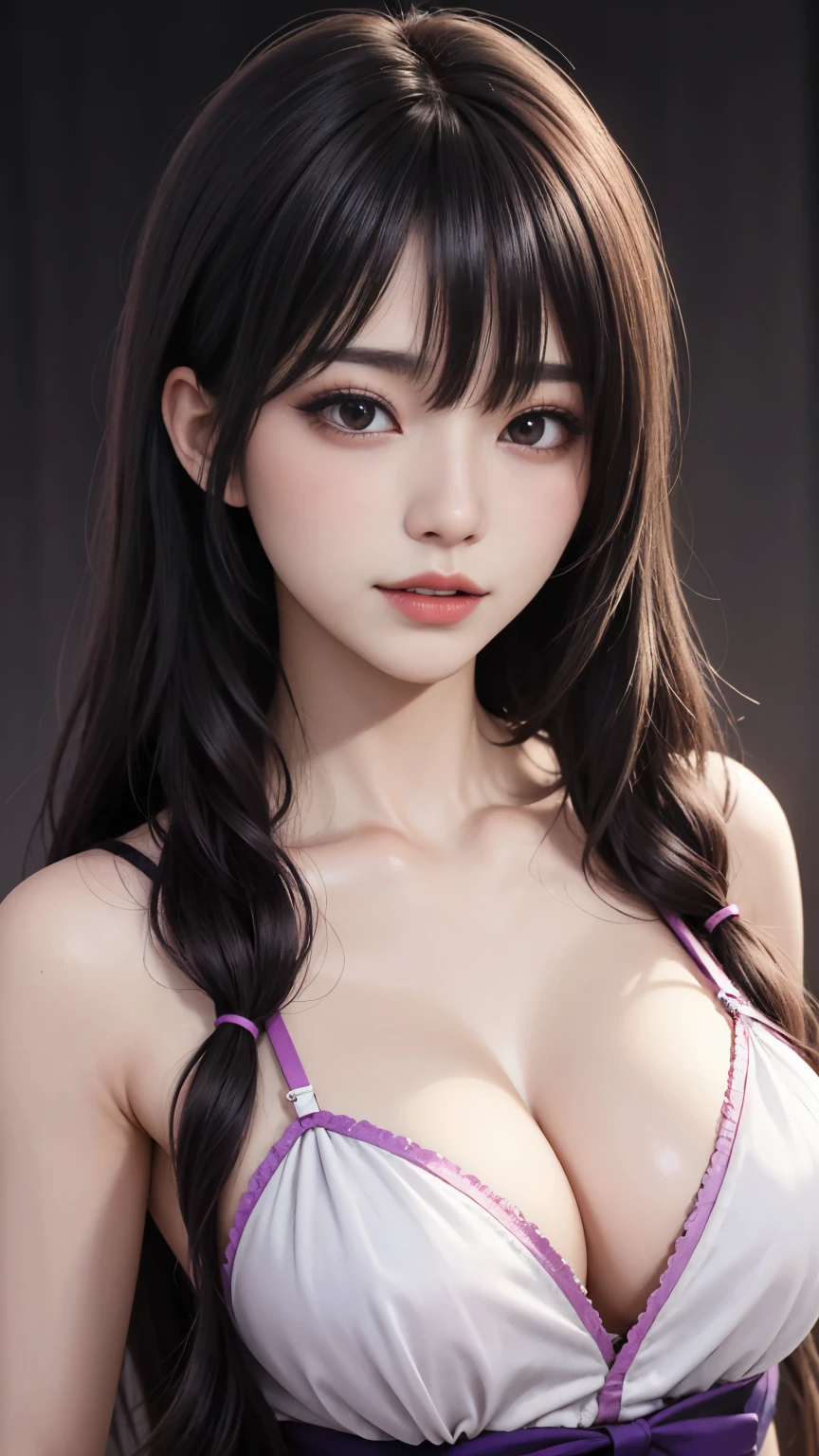 background(Black Night Sky,Big Moon),Woman close up,Wearing a white shirt、Purple Hair,Very long hair,very thick braids,Purple eyes,big , realistic girl rendering, 8k artistic german bokeh, Enchanting girl, Realistic girl, Gurwitz, Gurwitz-style artwork, Girl Roleplay, Realistic 3D style, cgstation Popular Topics,, 8K Portrait Rendering,(Faithfulness,Faithfulness:1.4),Wear pink pajamas,巨big ,Sparkling eyes,Purple eyes、Two Girls、highest quality、Super detailed、4K、Japanese、Captivating beauty、Attractive adult woman、Beautiful woman、Cool girl、evil female、Brainwashed、brainwashing、Fallen into evil、Grin、Evil expression、Evil smile、evil、Brown Hair、Wavy Hair、Swept-apart bangs、Heavy makeup、Heavy makeup、Sharp Eye、Hollow Eyes,Half-closed eyes、Hollow Eyes、Purple Eyeshadow、Black lipstick、Black lip gloss、Long black cheongsam、Wide sleeves、night、Spooky Fortresakeup brush、compensate、Are standing、