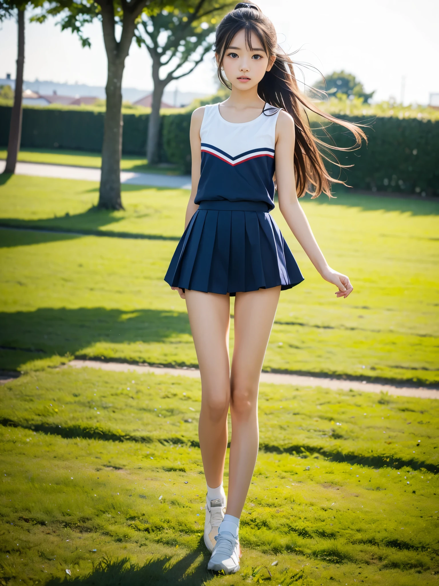 (masterpiece, highest quality:1.4), Award-winning portraits, 8k, 85mm, alone, Beautiful Face, Delicate girl,  (Cheerleader、On the grass), Sophisticated, cute, , RAW Photos, Confused, High resolution, Sharp focus, Background blur、(((Flat  、thin and delicate body、Childish atmosphere)))、shiny semi-long hair、ponytail、Mole on the left cheek、 Dark blue eyes、the skirt is swaying in the wind、Hair swaying in the wind、sexy、Flexible legs