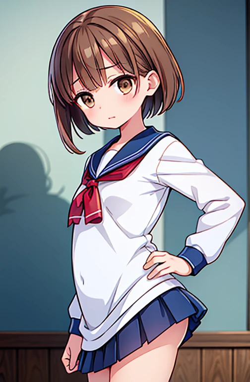 ((highest quality)), ((masterpiece)), (detailed), Perfect Face, Anatomically perfect body,masterpiece:1.2, highest quality), (Realistic, photoRealistic:1.4), Beautiful illustrations, (Natural Side Lighting, Cinema Lighting), Browsing Caution,Anime illustration, 非常にdetailedな, Absurd, Ultra-high resolution, 非常にdetailedな, highest quality, One short-haired woman,A woman with brown hair and brown eyes, alone, Nice hands, Perfect hands,Slightly chubby,Small breasts,The butt is small,school gymnasium,Inside the gym,high school girl,18-year-old,Flat Chest,Brown eyes,((1 person)) White upper body long sleeve sailor suit,Navy blue mini skirt,White Pants,White socks,Athletic boots,Jump,Slightly legged,((I see white pants)) ,Dynamic Angle,Low angle shot focusing on the lower body