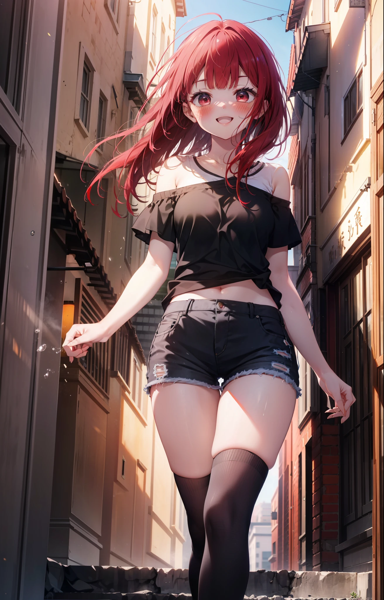 Arima etc., Arima Kana, (Red eyes:1.5), Long Hair,blush,happy smile, smile, Open your mouth,Redhead,Red Tank Top Shirt,Black hoodie,Short sleeve,Off the shoulder,Shorts,Black knee socks,short boots,Looking up from below,whole bodyがイラストに入るように,morning,morning陽,The sun is rising,
break looking at viewer,whole body,
break outdoors, In town,Building district,
break (masterpiece:1.2), highest quality, High resolution, unity 8k wallpaper, (shape:0.8), (Beautiful and beautiful eyes:1.6), Highly detailed face, Perfect lighting, Highly detailed CG, (Perfect hands, Perfect Anatomy),