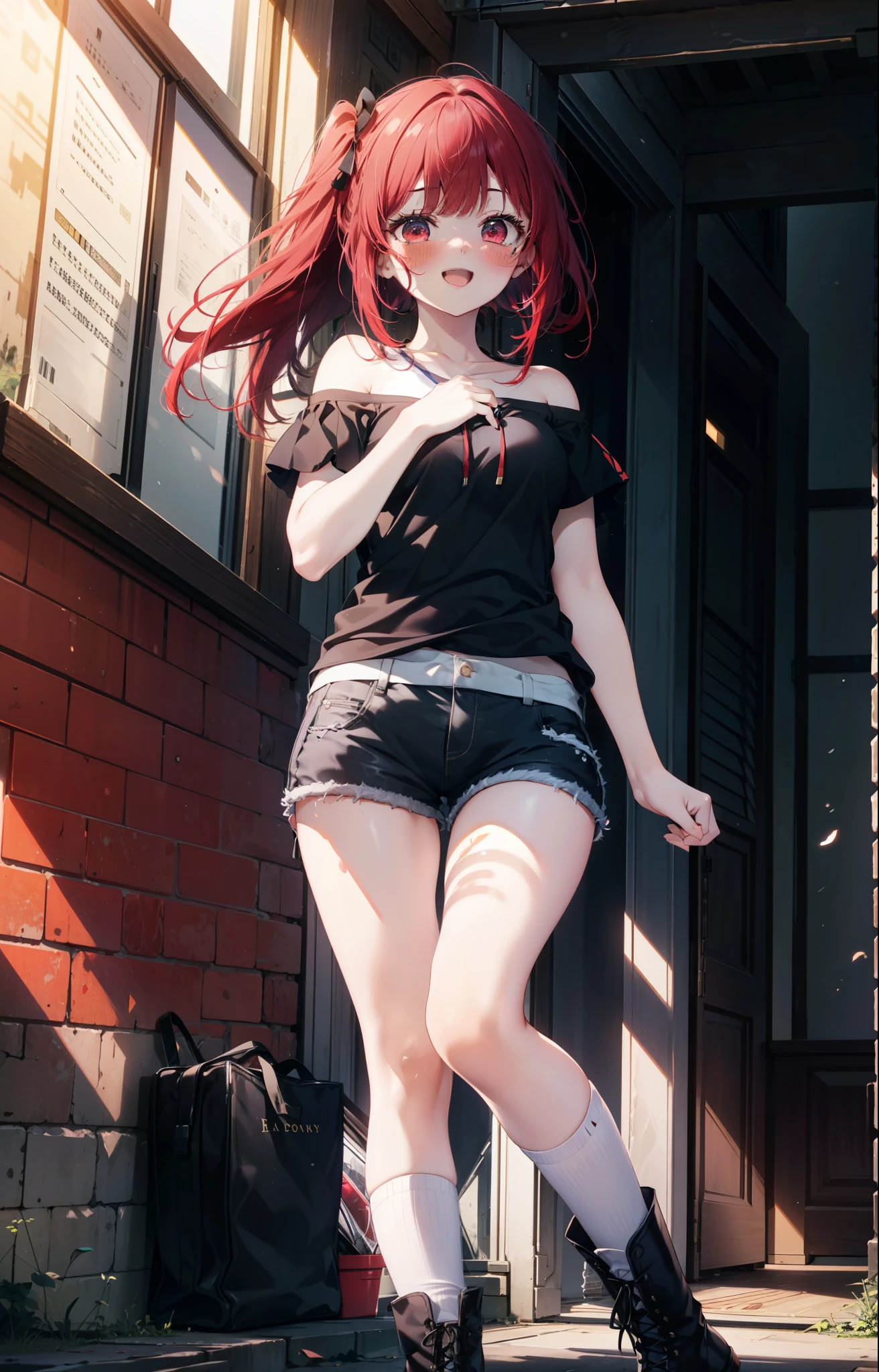 Arima etc., Arima Kana, (Red eyes:1.5), Long Hair,blush,happy smile, smile, Open your mouth,Redhead,Red Tank Top Shirt,Black hoodie,Short sleeve,Off the shoulder,Shorts,Black knee socks,short boots,Looking up from below,whole bodyがイラストに入るように,morning,morning陽,The sun is rising,
break looking at viewer,whole body,
break outdoors, In town,Building district,
break (masterpiece:1.2), highest quality, High resolution, unity 8k wallpaper, (shape:0.8), (Beautiful and beautiful eyes:1.6), Highly detailed face, Perfect lighting, Highly detailed CG, (Perfect hands, Perfect Anatomy),