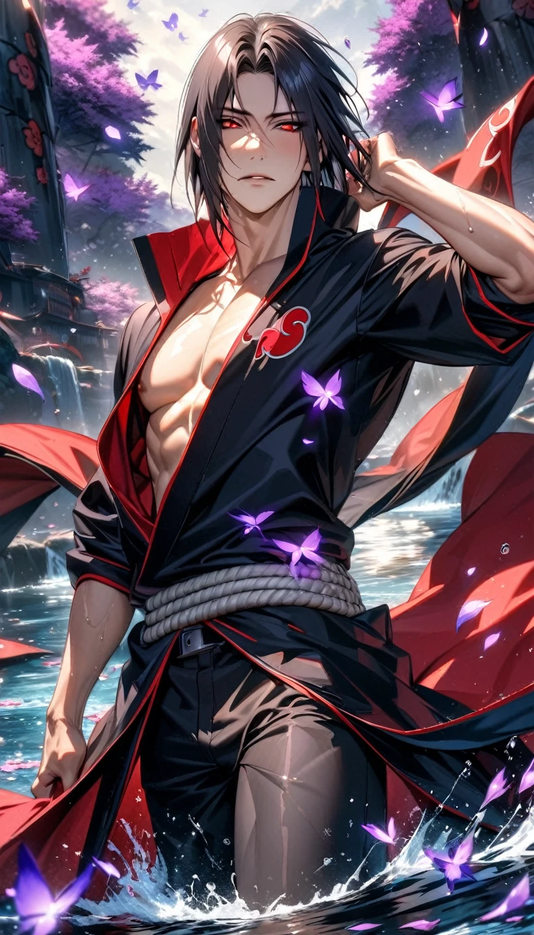 absurdres, highres, ultra detailed, HDR, master piece, best quality, Uchiha Itachi, black hair, expressive red eyes, Naruto Shippuden, akatsuki, solo, sexy man, handsome, toned chest, black clothes, water, purple butterflies, purple flowers, petals