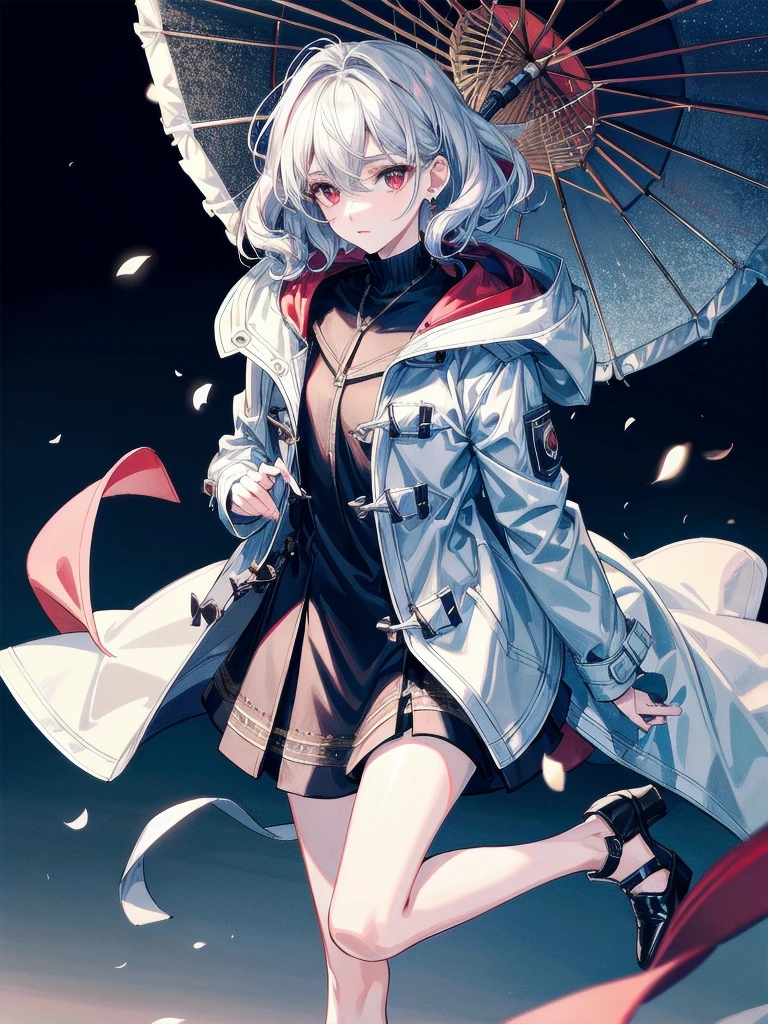 duffle coat, absurdres, RAW photo, extremely delicate and beautiful, masterpiece, Best Quality, ultra high resolution, 32k, hyperrealistic, ultra-detailed, detailed description, pale skin, 20 years old, tearful mole, earring, short medium hair, wavy hair, whole body shot, legs, Red eyes,