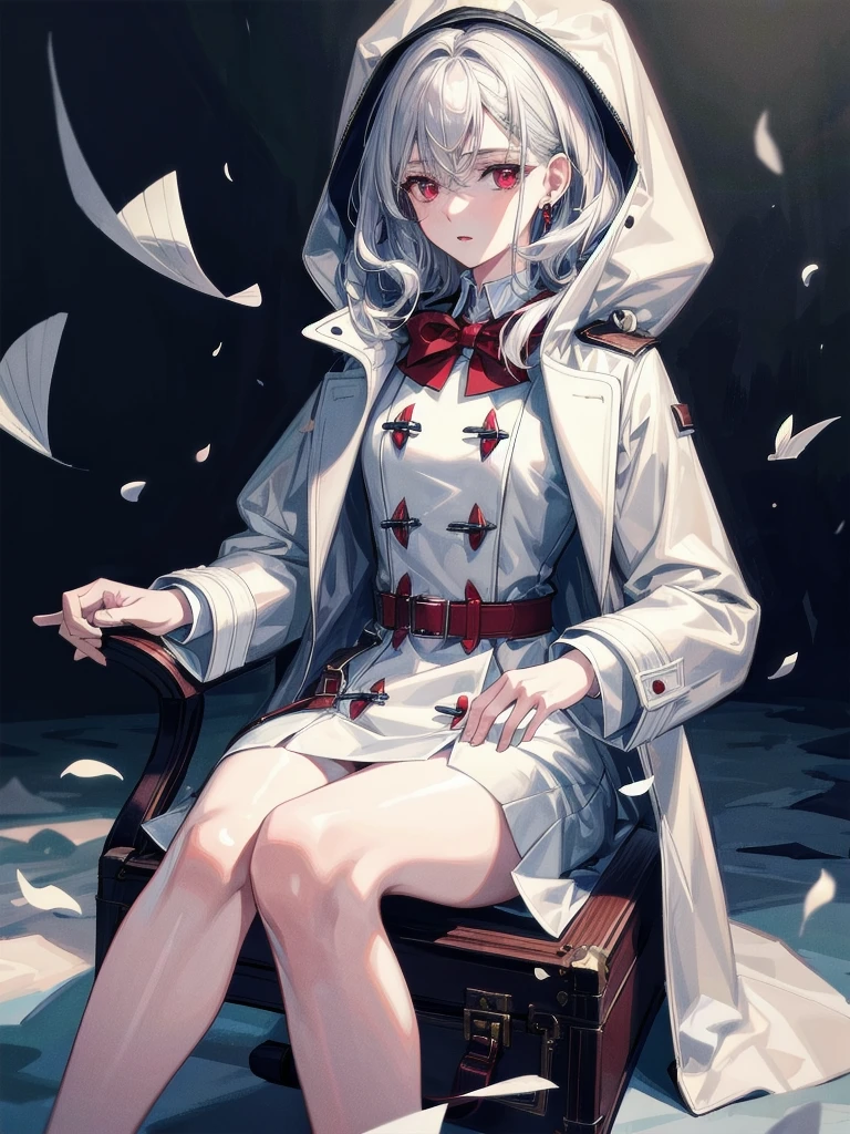 duffle coat, absurdres, RAW photo, extremely delicate and beautiful, masterpiece, Best Quality, ultra high resolution, 32k, hyperrealistic, ultra-detailed, detailed description, pale skin, 20 years old, tearful mole, earring, short medium hair, wavy hair, whole body shot, legs, Red eyes,