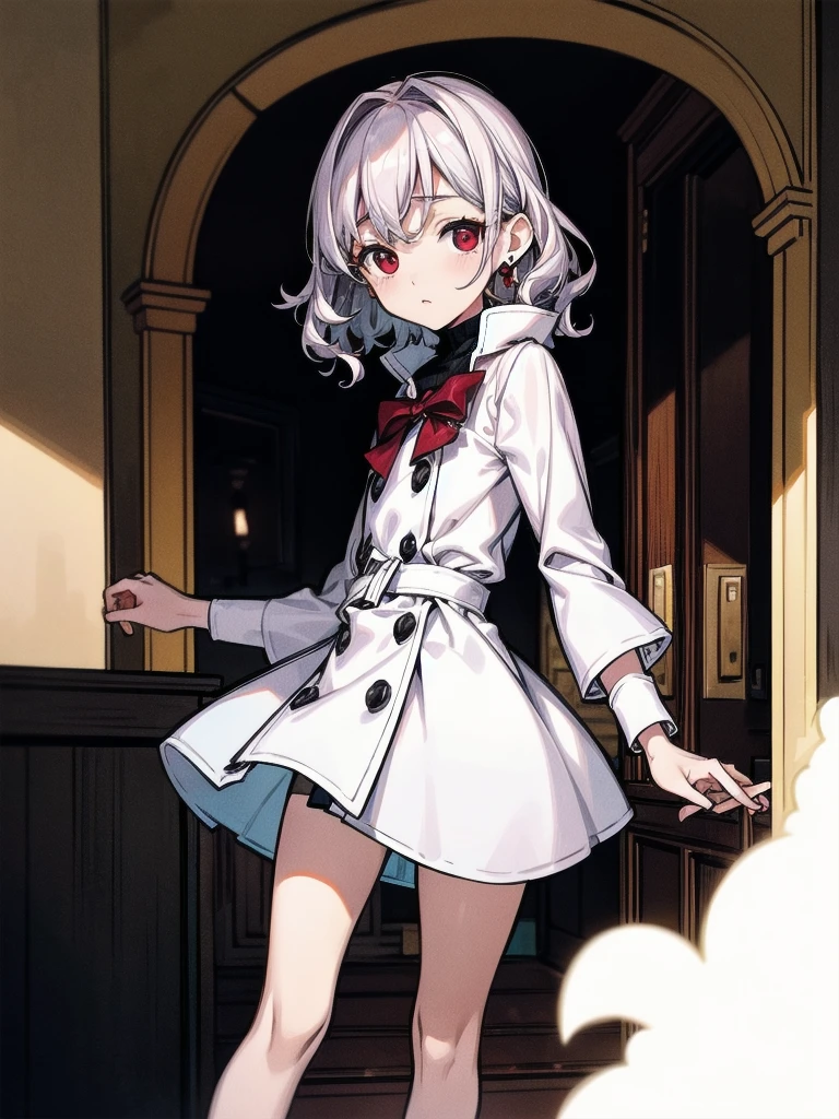 duffle coat, absurdres, RAW photo, extremely delicate and beautiful, masterpiece, Best Quality, ultra high resolution, 32k, hyperrealistic, ultra-detailed, detailed description, pale skin, 20 years old, tearful mole, earring, short medium hair, wavy hair, whole body shot, legs, Red eyes,