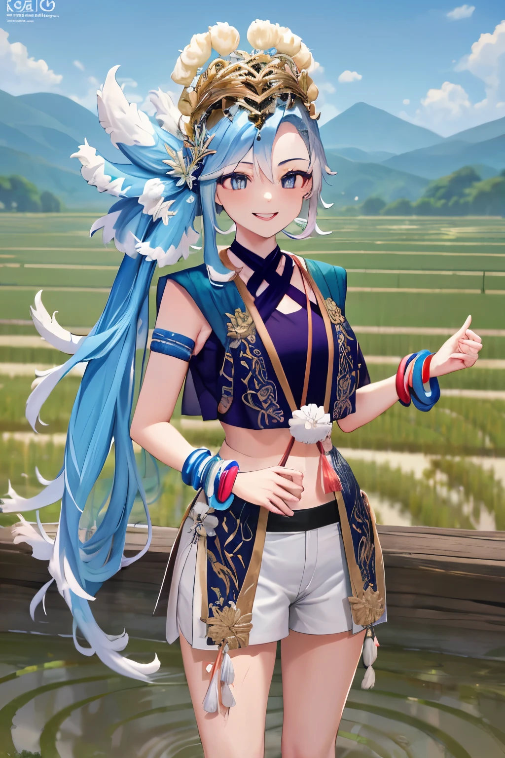masterpiece, best quality, absurdres, perfect anatomy, 1girl, solo, Kobo3rd, side ponytail, bracelet, hair ornament, blue shirt, sleeveless, midriff, white shorts, standing, river, beautiful mountain background, ricefield, smile, outdoors,wear Indonesian traditional dress