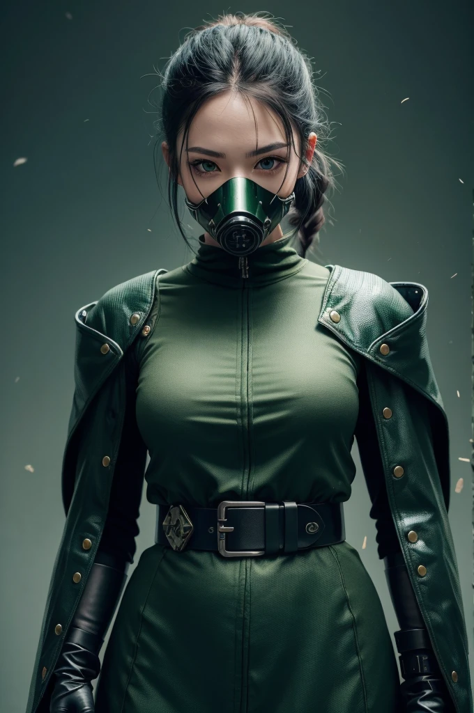 Beautiful Japan young woman, Extremely detailed, Tights, Gloves, belt, Over the knee boots, (Brave Viper:1.2), Tights, Gloves, belt, Over the knee boots, Respirator, looking at the audience, Face, portrait, close up, green, slim, (Combat-ready posture), (Tactical equipment), (Solo role), (Game theme:1.5), short hair, green, (Black Hair), (Military equipment), (Gas Mask:0.4), (poisonous green:1.2), (Glow Effect),