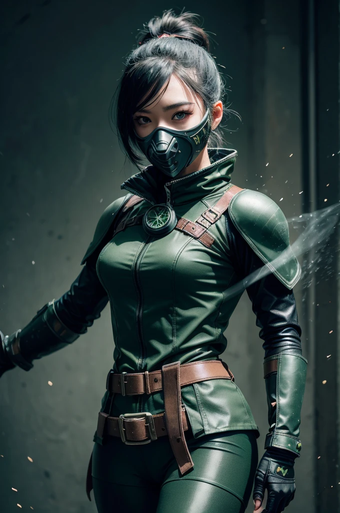Beautiful Japan young woman, Extremely detailed, Tights, Gloves, belt, Over the knee boots, (Brave Viper:1.2), Tights, Gloves, belt, Over the knee boots, Respirator, looking at the audience, Face, portrait, close up, green, slim, (Combat-ready posture), (Tactical equipment), (Solo role), (Game theme:1.5), short hair, green, (Black Hair), (Military equipment), (Gas Mask:0.4), (poisonous green:1.2), (Glow Effect),
