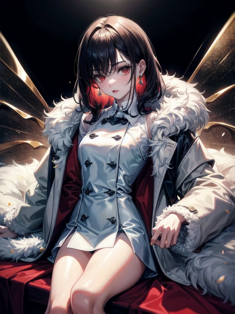 duffle coat, absurdres, RAW photo, extremely delicate and beautiful, masterpiece, Best Quality, ultra high resolution, 32k, hyperrealistic, ultra-detailed, detailed description, pale skin, 20 years old, tearful mole, earring, short medium hair, wavy hair, whole body shot, legs, Red eyes,