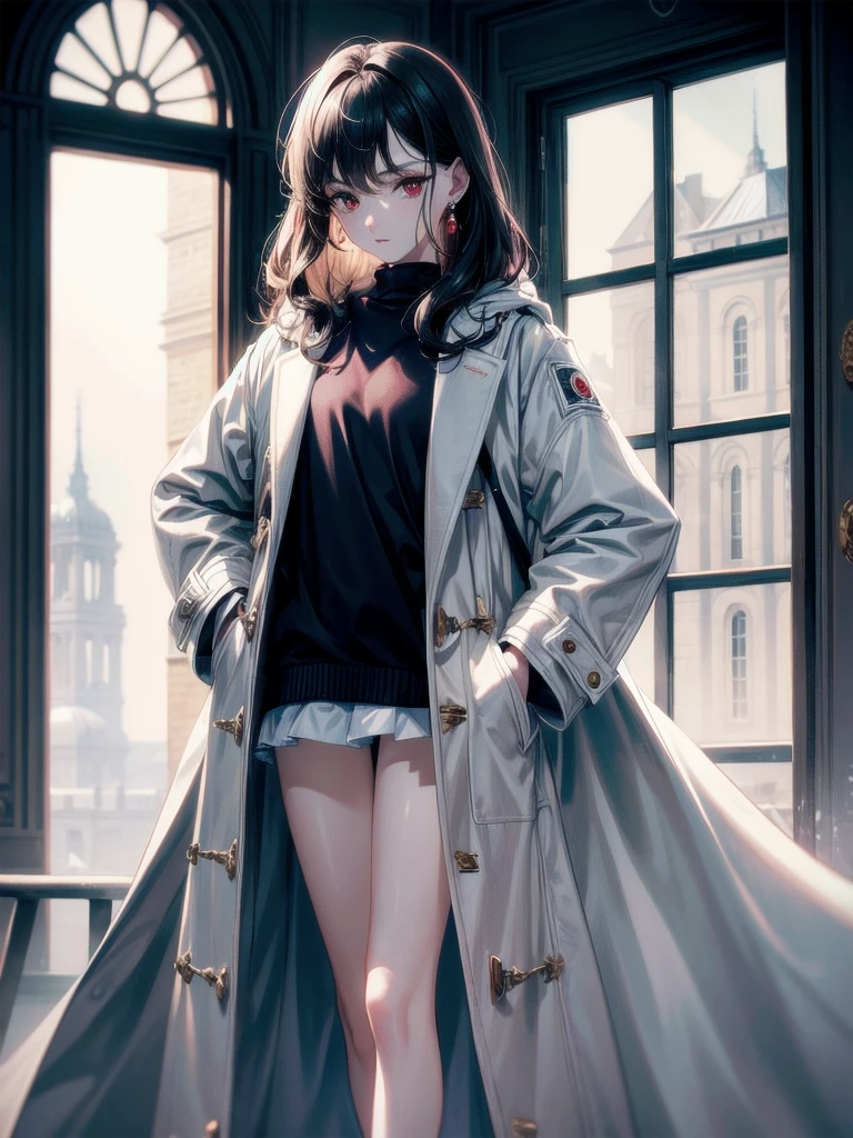 duffle coat, absurdres, RAW photo, extremely delicate and beautiful, masterpiece, Best Quality, ultra high resolution, 32k, hyperrealistic, ultra-detailed, detailed description, pale skin, 20 years old, tearful mole, earring, short medium hair, wavy hair, whole body shot, legs, Red eyes,