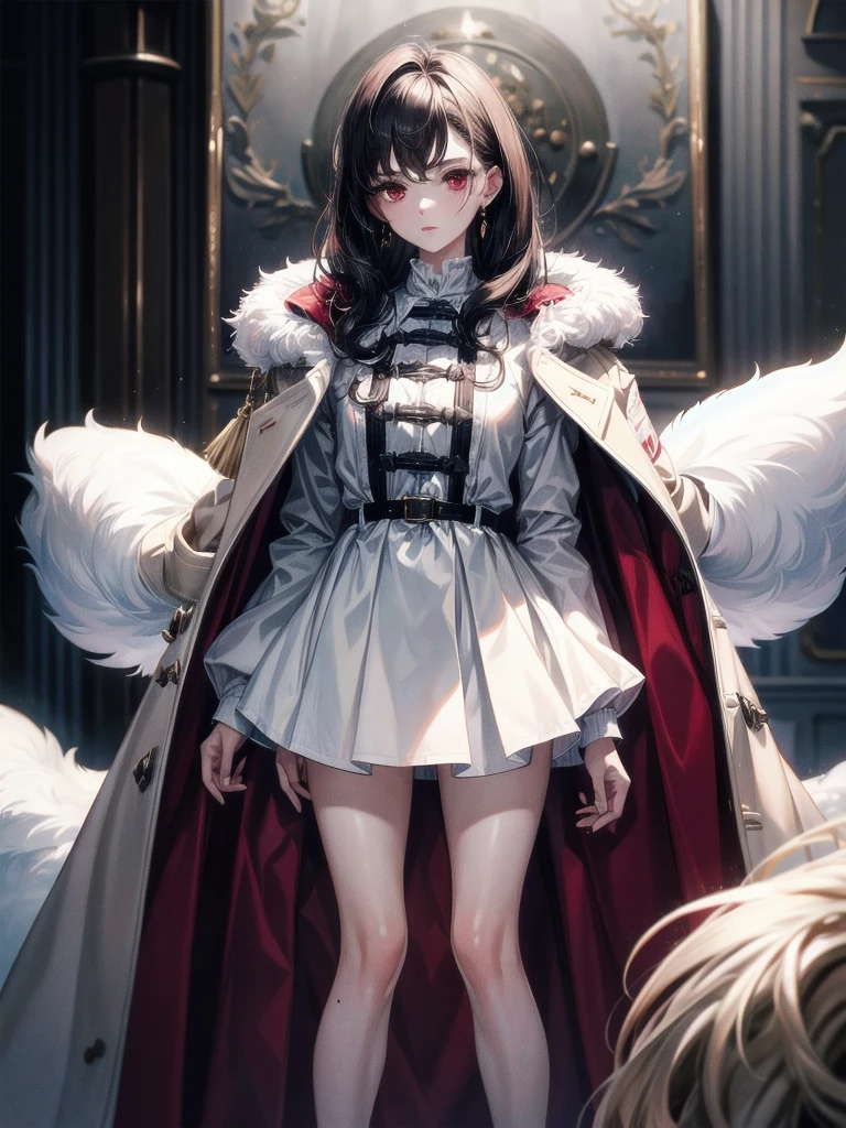 duffle coat, absurdres, RAW photo, extremely delicate and beautiful, masterpiece, Best Quality, ultra high resolution, 32k, hyperrealistic, ultra-detailed, detailed description, pale skin, 20 years old, tearful mole, earring, short medium hair, wavy hair, whole body shot, legs, Red eyes,