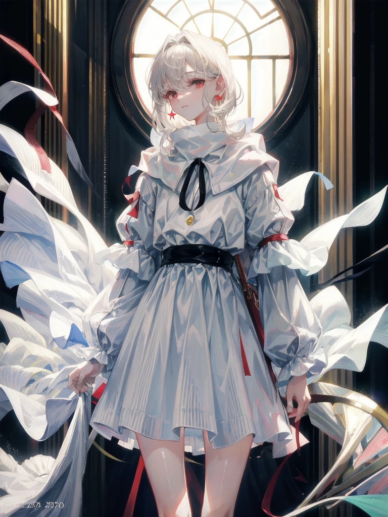 duffle coat, absurdres, RAW photo, extremely delicate and beautiful, masterpiece, Best Quality, ultra high resolution, 32k, hyperrealistic, ultra-detailed, detailed description, pale skin, 20 years old, tearful mole, earring, short medium hair, wavy hair, whole body shot, legs, Red eyes,