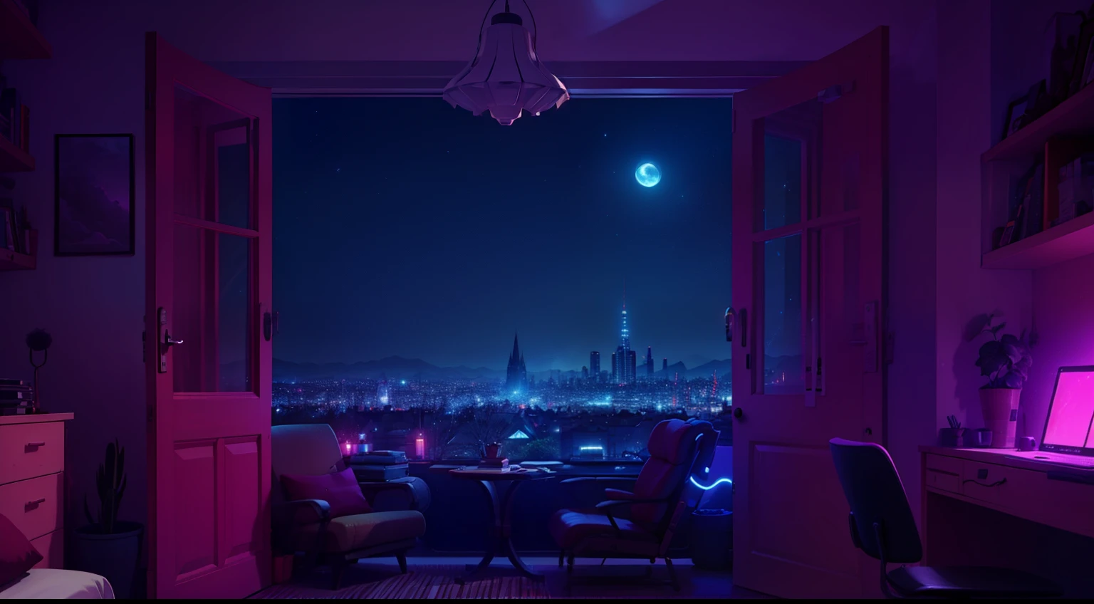 Night city seen from the window. anime, manga, And Lofty. Passive Machines. Nice, invite, Comfortable space. Serene digital art in a cluttered setting, Bright apartment. 4K backgrounds, wallpaper
