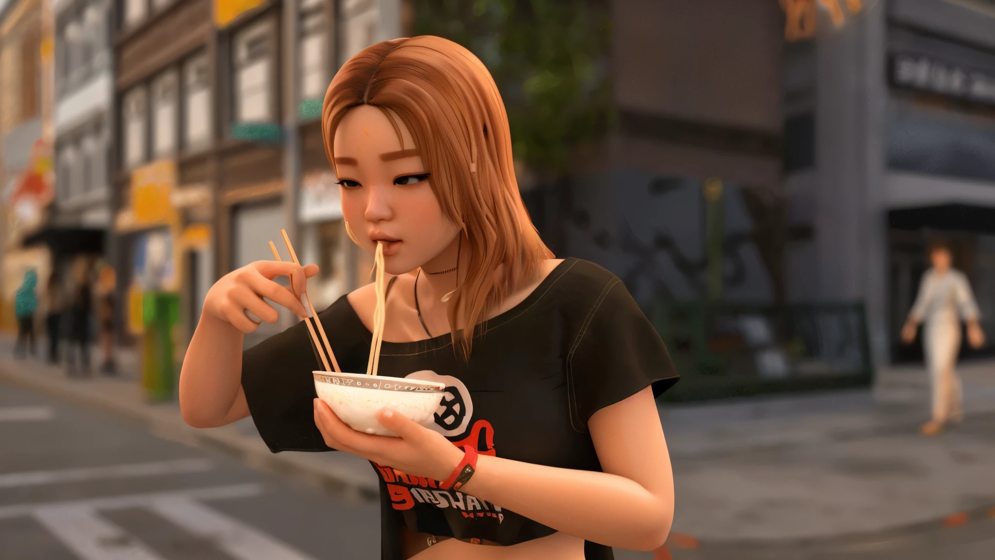 there is a woman eating noodles with chopsticks in a bowl, eating noodles, eating ramen, realistic anime 3 d style, slurping spaghetti, game cg, eating spaghetti, eating spaghetti from a bowl, inspired by Sim Sa-jeong, photorealistic anime girl render, in front of ramen shop, 3 d anime realistic, photorealistic content, realistic artstyle