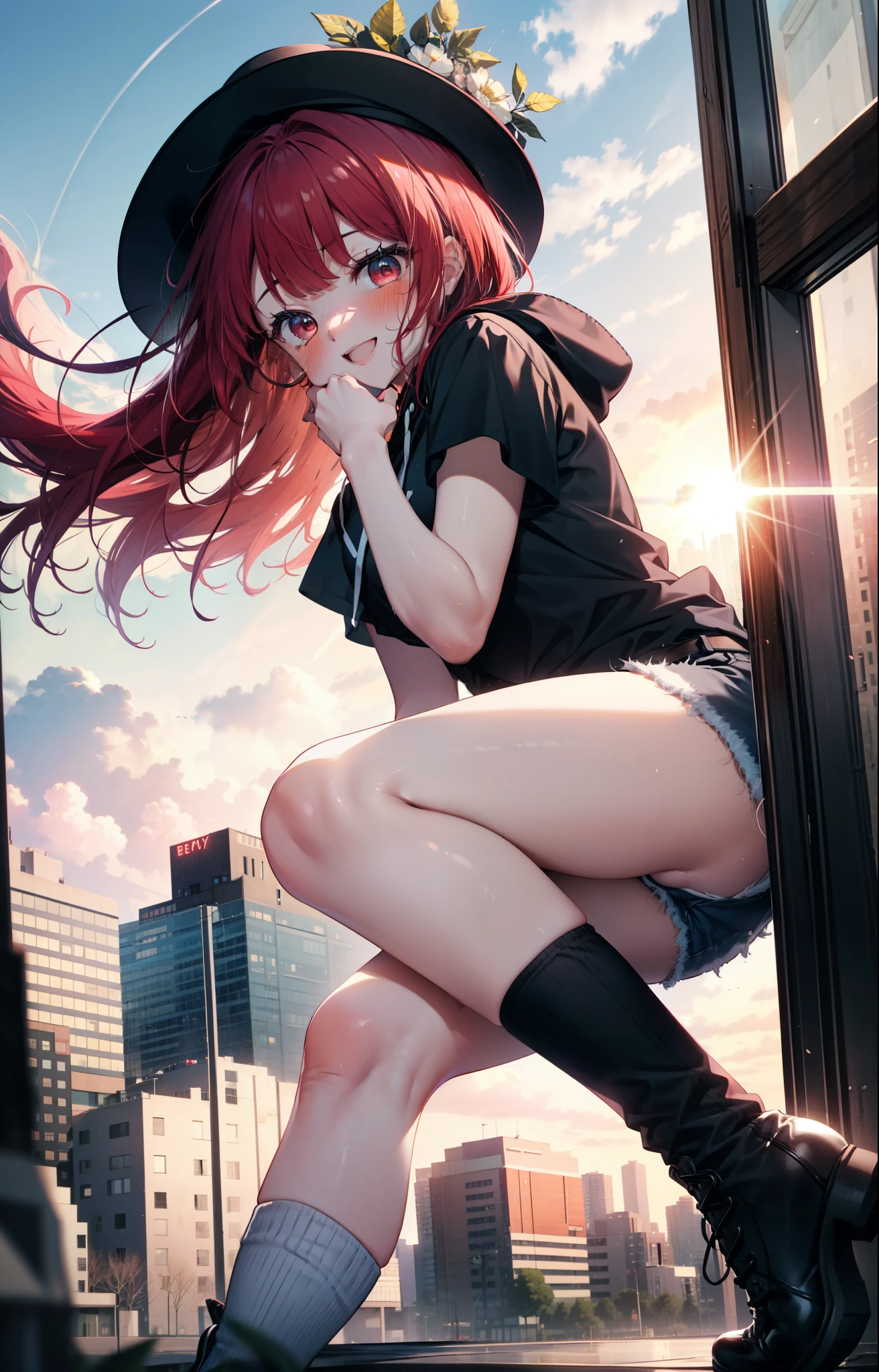 Arima etc., Arima Kana, (Red eyes:1.5), Long Hair,blush,happy smile, smile, Open your mouth,Redhead,Applejack Hat,Red Tank Top Shirt,Black hoodie,Short sleeve,The front is free,Shorts,Black knee socks,short boots,Looking up from below,whole bodyがイラストに入るように,morning,morning陽,The sun is rising,
break looking at viewer,whole body,
break outdoors, In town,Building district,
break (masterpiece:1.2), highest quality, High resolution, unity 8k wallpaper, (shape:0.8), (Beautiful and beautiful eyes:1.6), Highly detailed face, Perfect lighting, Highly detailed CG, (Perfect hands, Perfect Anatomy),