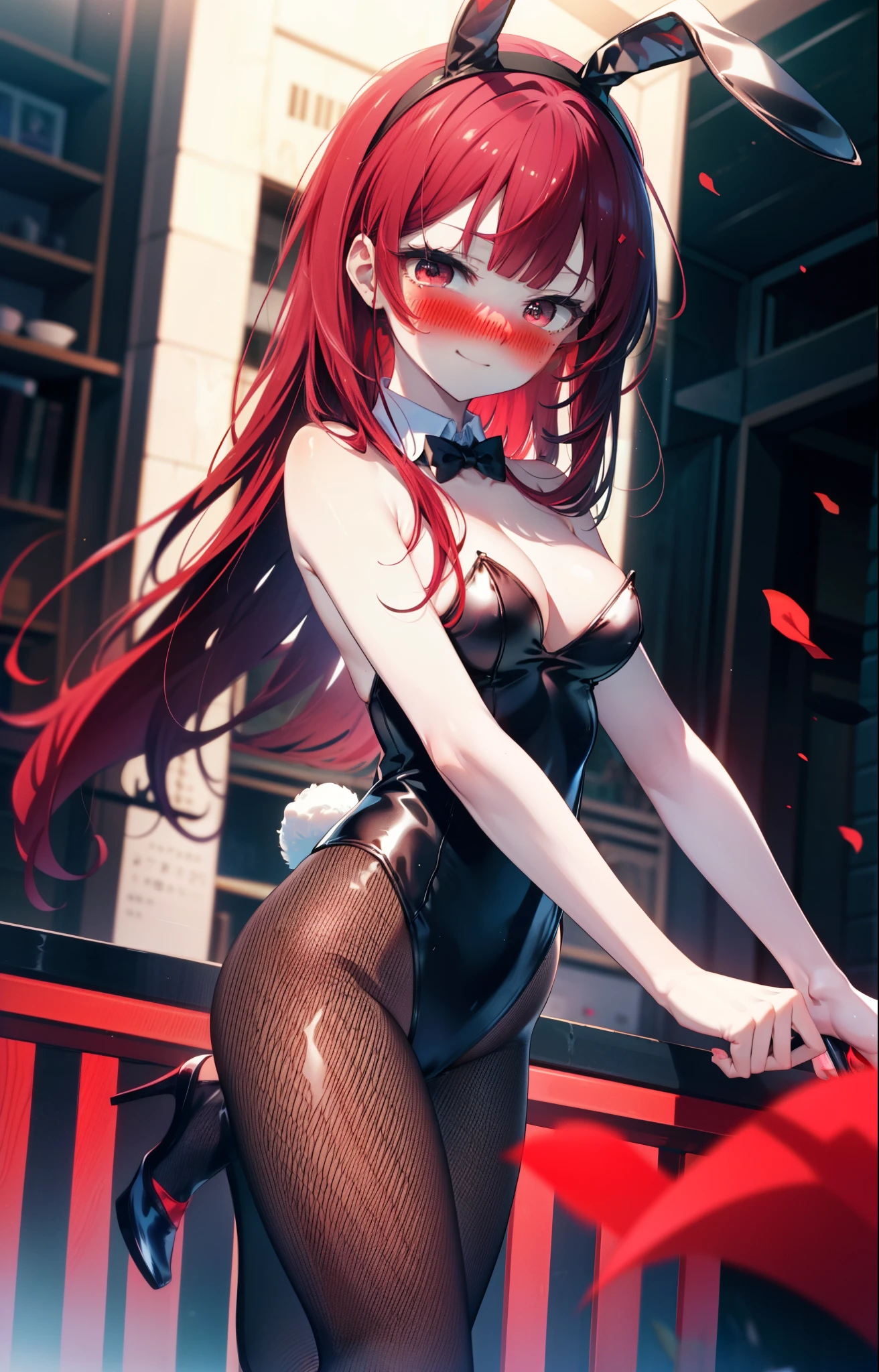 Arima etc., Arima Kana, (Red eyes:1.5), Long Hair Blush,smile,Redhead,(Bunny girl:1.5),(Black Playboy Bunny:1.0),Bunny ears headband,Fishnet tights,Stiletto heels,Peering from below,whole bodyがイラストに入るように
break looking at viewer,whole body,
break indoors, stage,
break (masterpiece:1.2), highest quality, High resolution, unity 8k wallpaper, (shape:0.8), (Beautiful and beautiful eyes:1.6), Highly detailed face, Perfect lighting, Highly detailed CG, (Perfect hands, Perfect Anatomy),