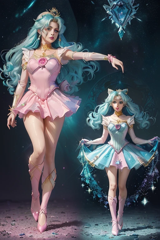 femme((Surrounded by the Moon beams)) in side a Crater ((eyes open)) wearing an armour dress with galaxies on the surface ((holding a pink owl with green eyes. Yellow short beak. ((Is a girl with long teal mix blue hair and pink oyster diamond covered hairclips in her hair))(( full body) sailor moon, buste moyent et couvert, uniforme sailor moon, kawaii, cheveux rose, bleu, mauve en pastel très long, christal castle, vibrant avec 4 longues aile d'ange dans le dos, immense sceptre argenté, huge gold crystal, silver crown on the head
