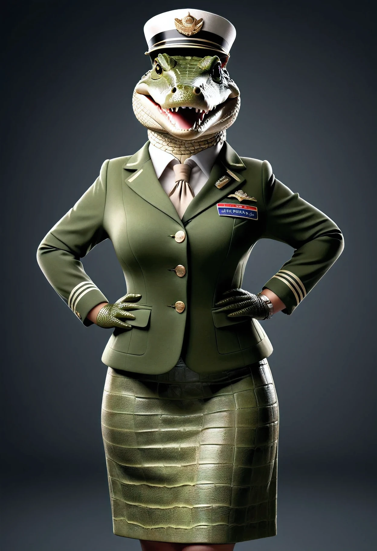 photorealistic portrait of Dressed animals - a ((fat)) crocodile Flight attendant,(elegant pose),(happy smile),(), high quality,(lovely) ,intricate details, highly detailed (Flight attendant uniform), earrings, skirt,, (happy), studio lighting,(full body image:2.0)