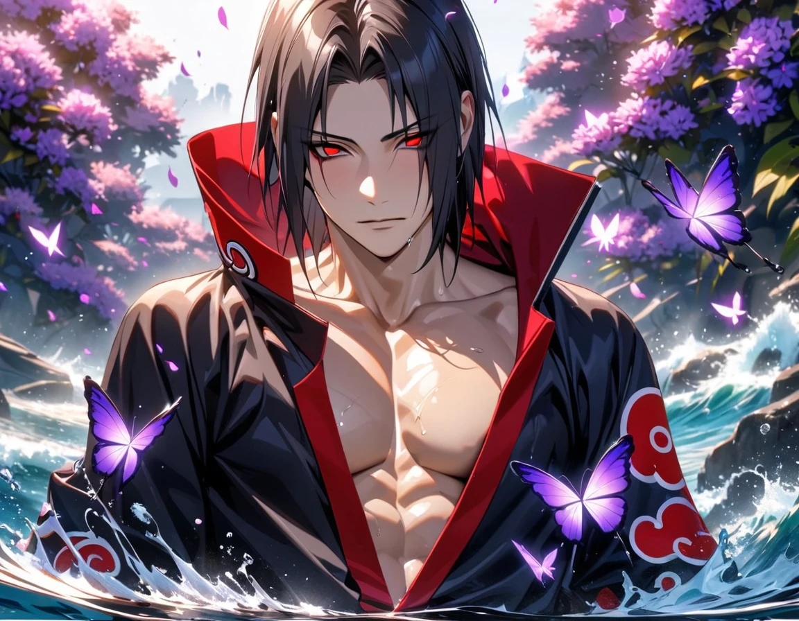 absurdres, highres, ultra detailed, HDR, master piece, best quality, Uchiha Itachi, black hair, expressive red eyes, Naruto Shippuden, akatsuki, solo, sexy man, handsome, toned chest, black clothes, water, purple butterflies, purple flowers, petals