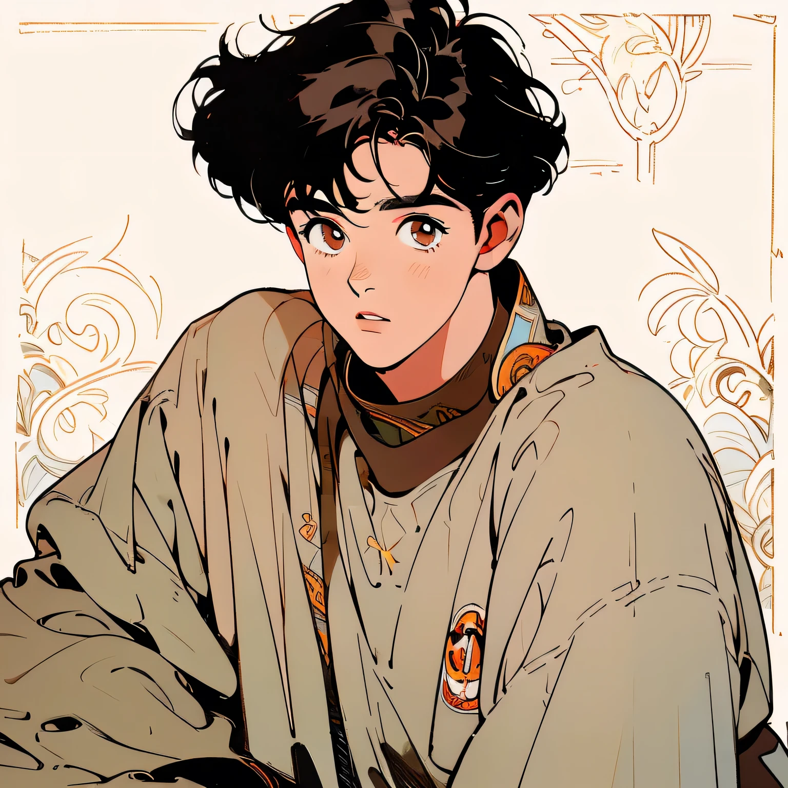 Arthur Fischer:*
Un chico alto, cabello corto, dark brown color, almond-shaped and intense brown eyes. heart shaped lips, piel blanca amarilla, He has a small scar on his chin on the left side.. Works in a cafeteria 22 years old