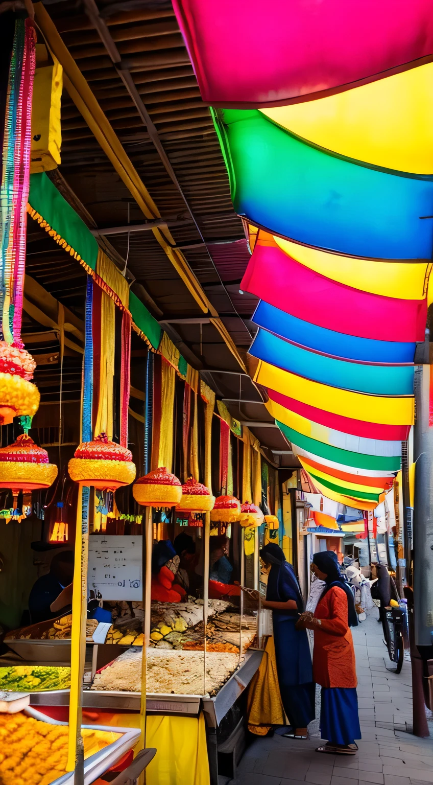 Indian food stalls during the day, gorgeous decorations, lots of people, glittering, primary colors, flashy