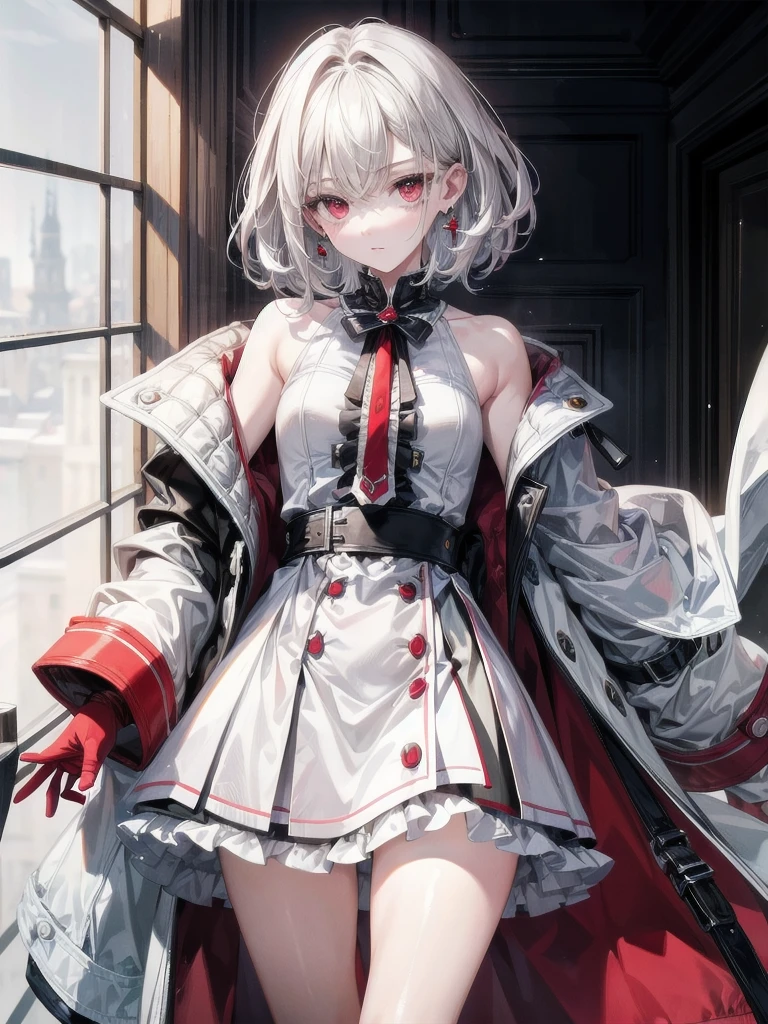 duffle coat, absurdres, RAW photo, extremely delicate and beautiful, masterpiece, Best Quality, ultra high resolution, 32k, hyperrealistic, ultra-detailed, detailed description, pale skin, 20 years old, tearful mole, earring, short medium hair, wavy hair, whole body shot, legs, Red eyes,
