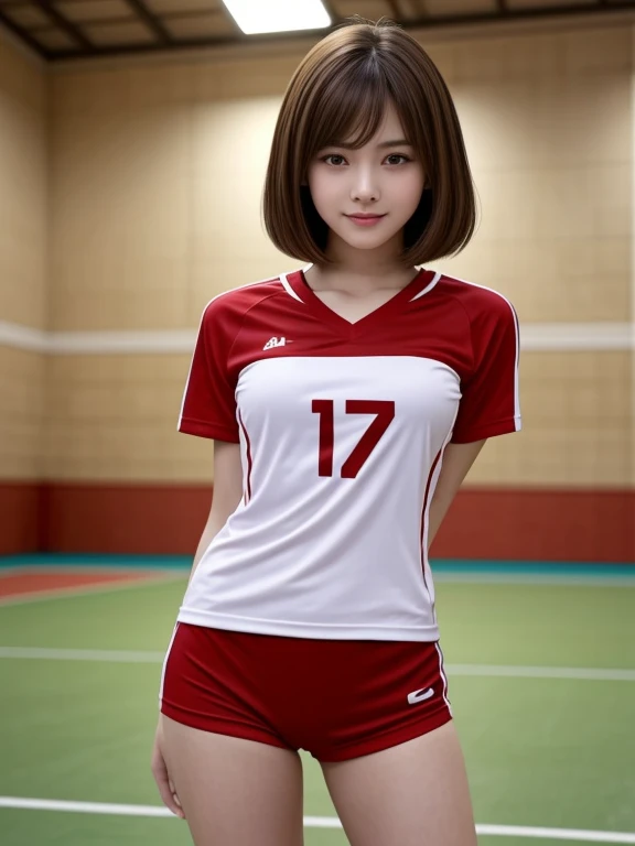 masterpiece, highest quality, High resolution, wallpaper, Realistic, Bright lighting, Professional Lighting, Face Light, Smooth lighting, Japanese Girls, ((Whole body 1.4)),Are standing, 15 years old,cute, smile, beautiful girl, gravure, sexy, so beautiful, Beautiful Skin, Beautiful and detailed、Detailed face、slim、Moderate, short hair, Brunette colored hair, Brown eyes, View your viewers,Red volleyball player uniform,Indoor volleyball court,Small,