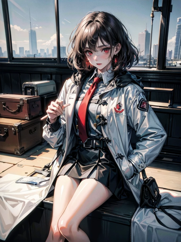 duffle coat, absurdres, RAW photo, extremely delicate and beautiful, masterpiece, Best Quality, ultra high resolution, 32k, hyperrealistic, ultra-detailed, detailed description, pale skin, 20 years old, tearful mole, earring, short medium hair, wavy hair, whole body shot, legs, Red eyes,